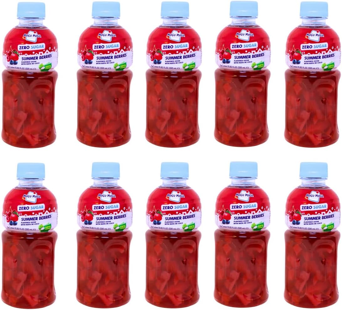 Mogu Mogu Summer Berries Drink with Nata De Coco (Zero Sugar) โ 320ml | Fruit Juice Beverage with Chewy Coconut Bits | Refreshing Sugar-Free Drink | Tropical Berry Flavour (Pack of 10)