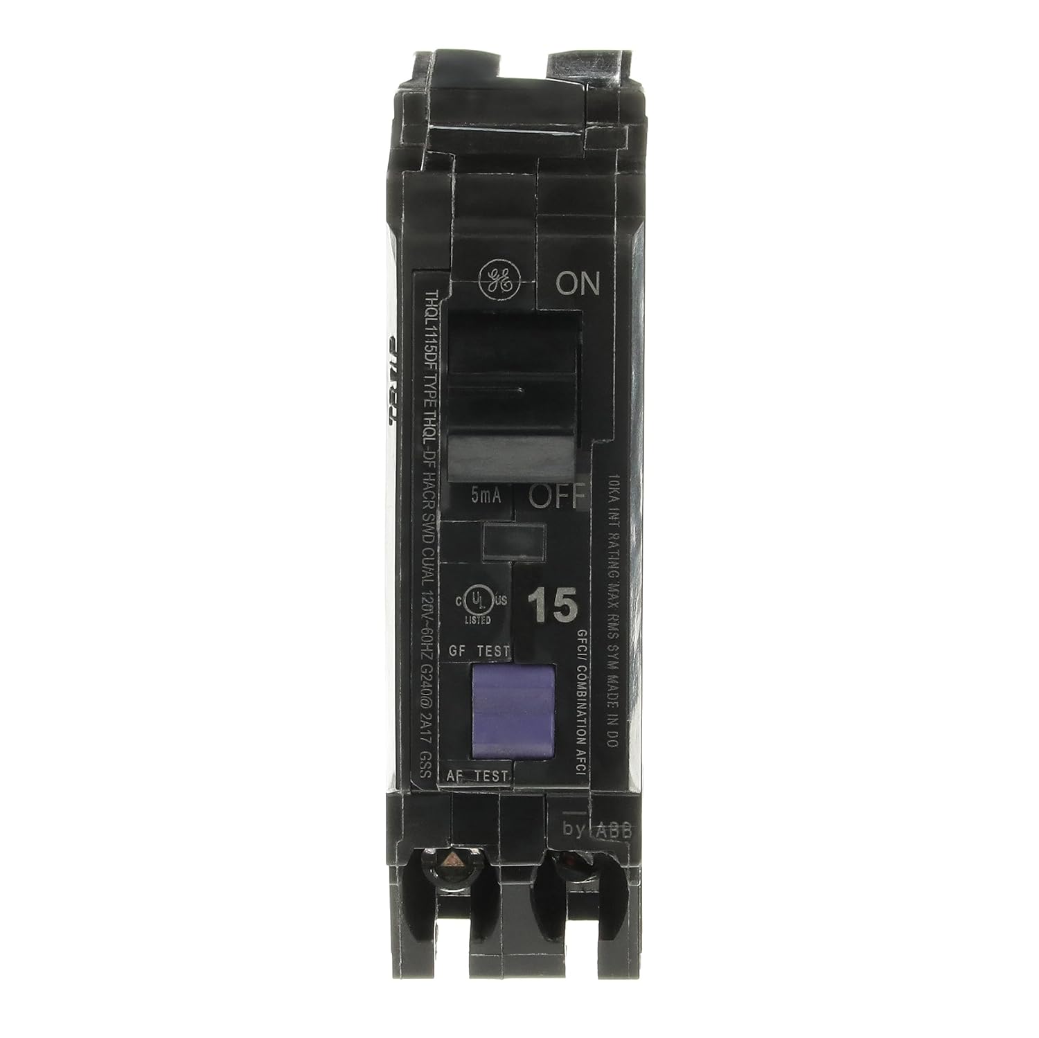 ABB Q-Line® THQL1115DF Dual Function Circuit Breaker • 15 Amp Single-Pole Breaker • DFCI Protection • 120/240 VAC • 10 kAIC Interrupt Rating • Plug-On Pigtail Breaker for Load Centers
