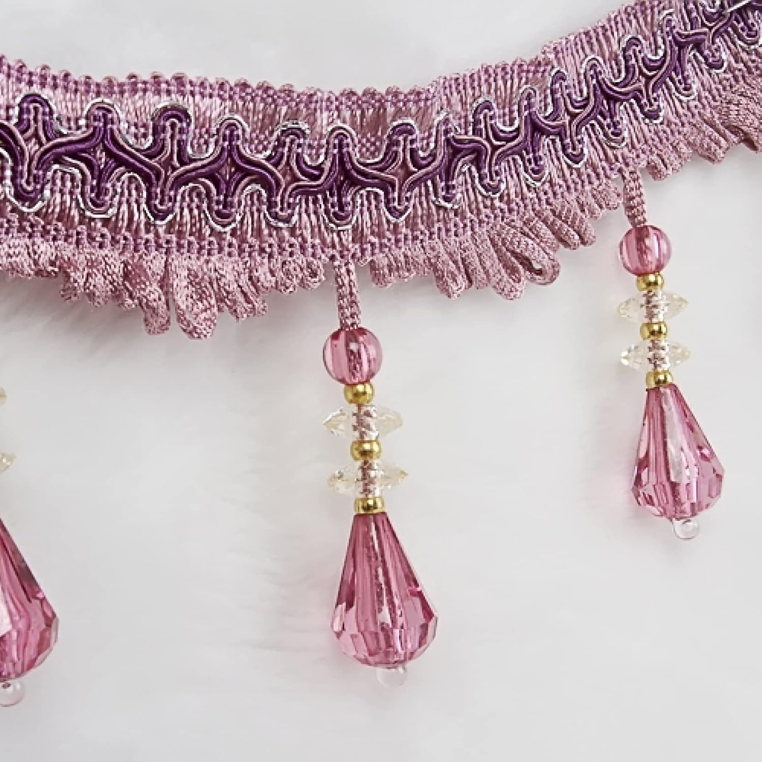 Curtain Tassels，Tassels for Sewing， 12 Yards Crystal Beaded Lace Fringe Curtain Tassel Sewing Decorative Trim Sofa Tablecloth Edging Pendant DIY Crafts(Purple)