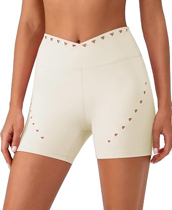 MEIVSO Womens Cross V Waist Yoga Short Laser Cut Biker Shorts Tummy Control Gym Short