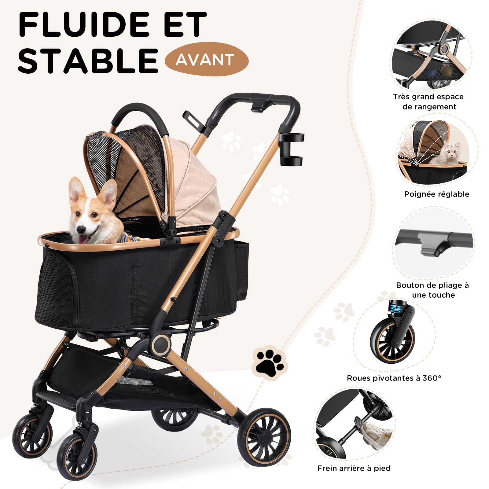 GTPLAYER Poussette Chien 4-en-1, Poussette pour Chien Chat, Jusqu'à 25KG, Voyage Transporteur Amovible, Poussette Tout-terrain Pour Animaux de Compagnie, Or