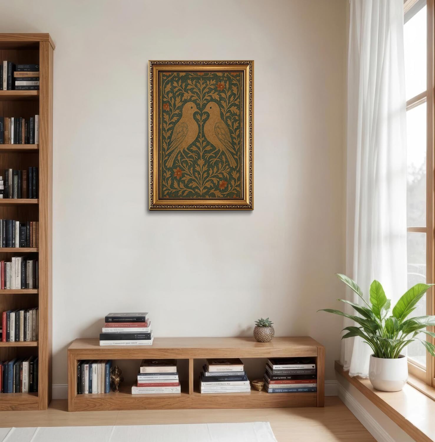 gold framed wall art vintage lovebirds canvas wall art cottagecore botanical prints rustic folk hummingbird pictures antique william morris birds decor for living room bedroom, 16x24 birds and foliage framed 24"l x 16"w