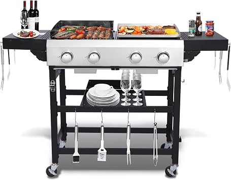 4-Burner Propane Gas Grill and Griddle Combo | 38200BTU Stainless Steel Outdoor BBQ with Side Shelves & Wheels, Cabinet Style Cart Includes 2 Grill Grates & 2 Flat Top Griddles