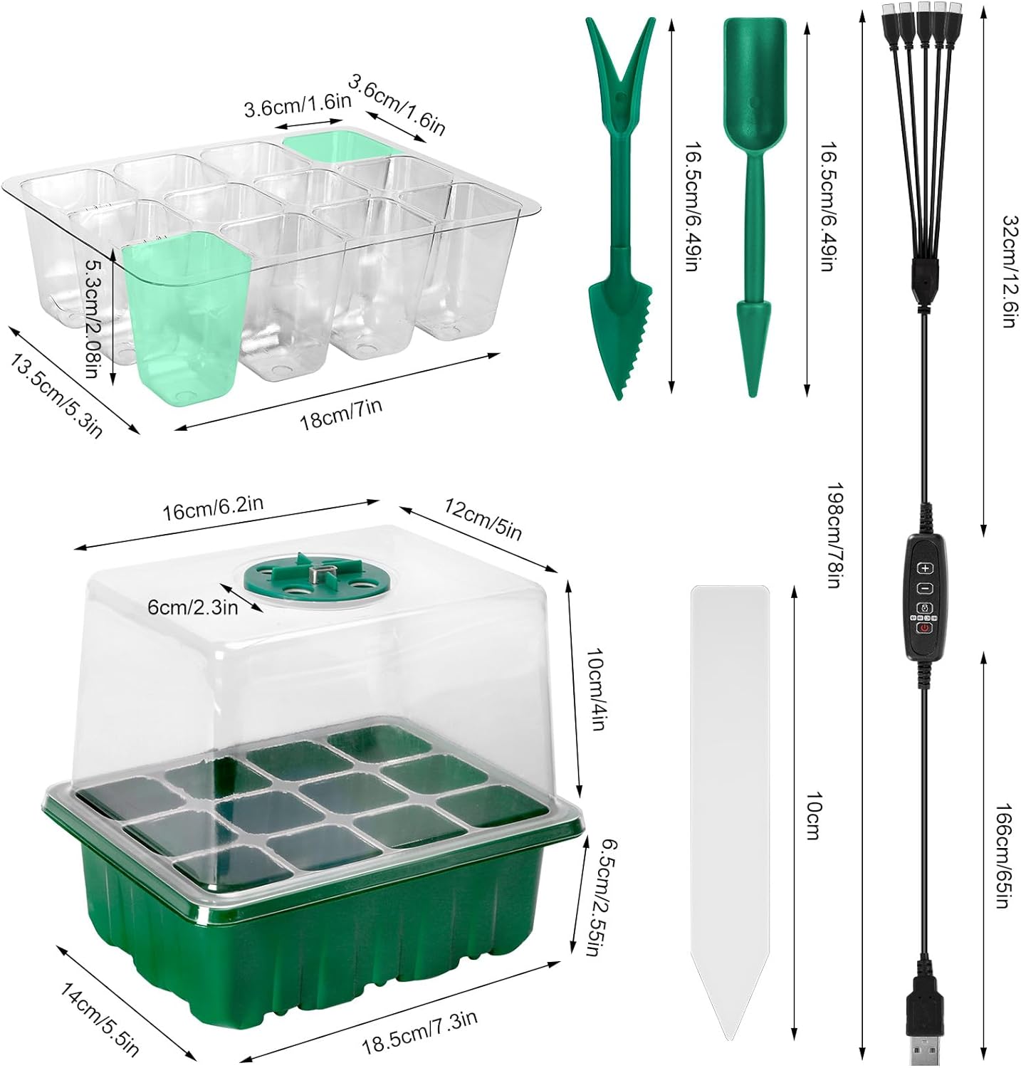 Seed Starter Tray with Grow Lights 5 PCS Kit Humidity Dome Adjustable Brightness Timer Controller 8 LED Seedling Trays with Tall Lid Mini Greenhouse for Staring Seedlings