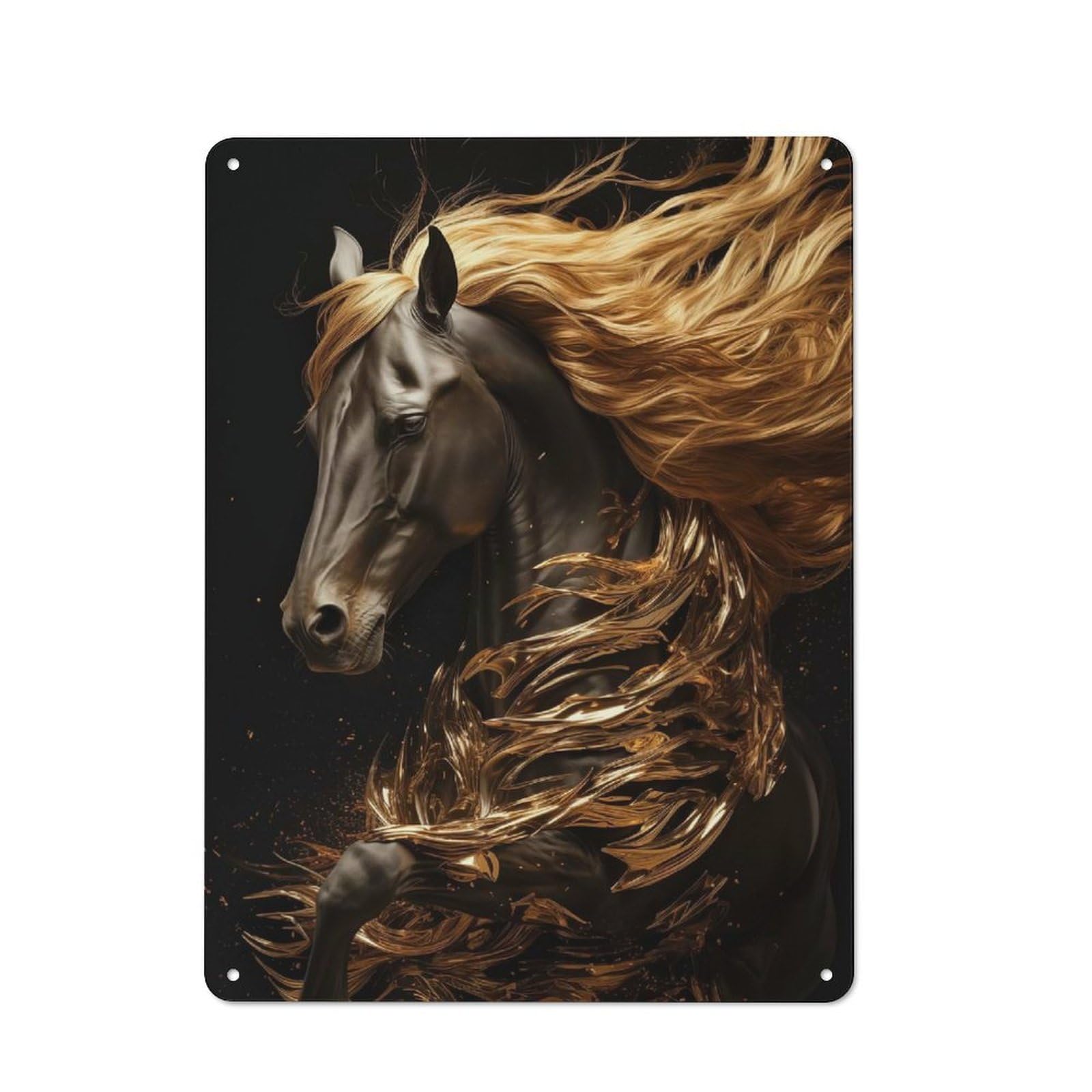 Junmoney Friesian Golden Horse Rustic Metal Plaque 40X30cm For Lounge Or Reading Corner, For Home Office, Studio And Craft Room Walls