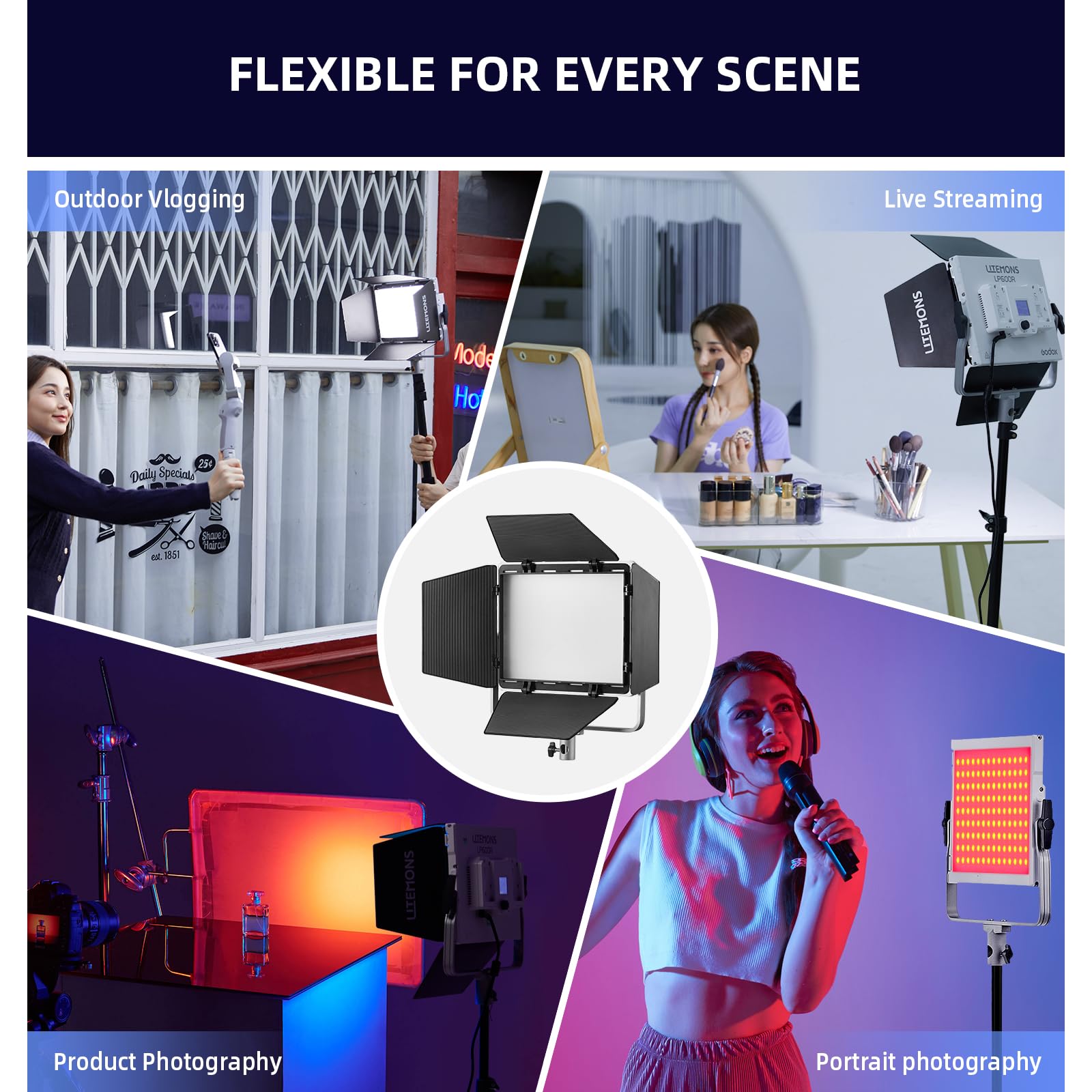 GODOX LITEMONS LP600R RGBW LED Video Light, CCT, dwukolorowa temperatura 1800 – 10000 K, 60 W, tryb HSI i tryb żelowy, 14 efektów świetlnych, sterowanie aplikacją obsługującą