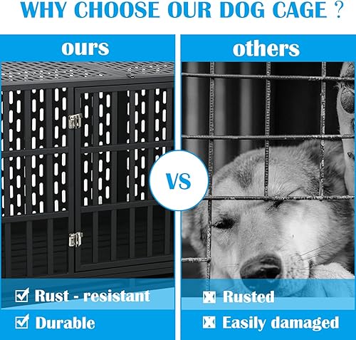 Miniatura 3 de Jaulas resistentes de 44 pulgadas para perros grandes, jaula indestructible a prueba de escapes con ruedas bloqueables, doble puerta de alta
