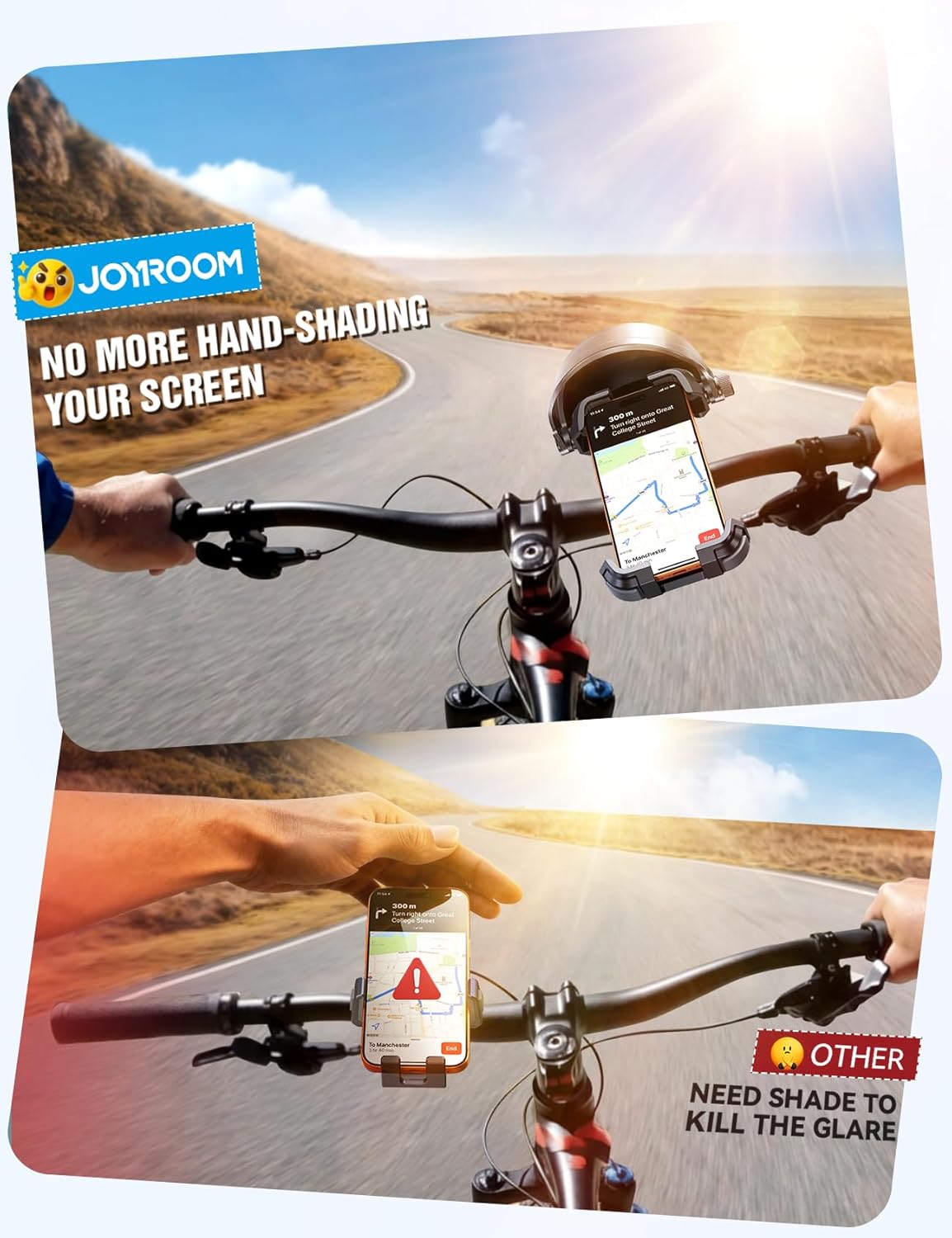 JOYROOM Bike Phone Holder Mount [Avoid Glare][Full Silicone Protection] Phone Mount for Scooter Ebike Bicycle Handlebar Cell Phone Clamp for iPhone 17 16 15 Pro Max S26, More 4.7-7" Phones
