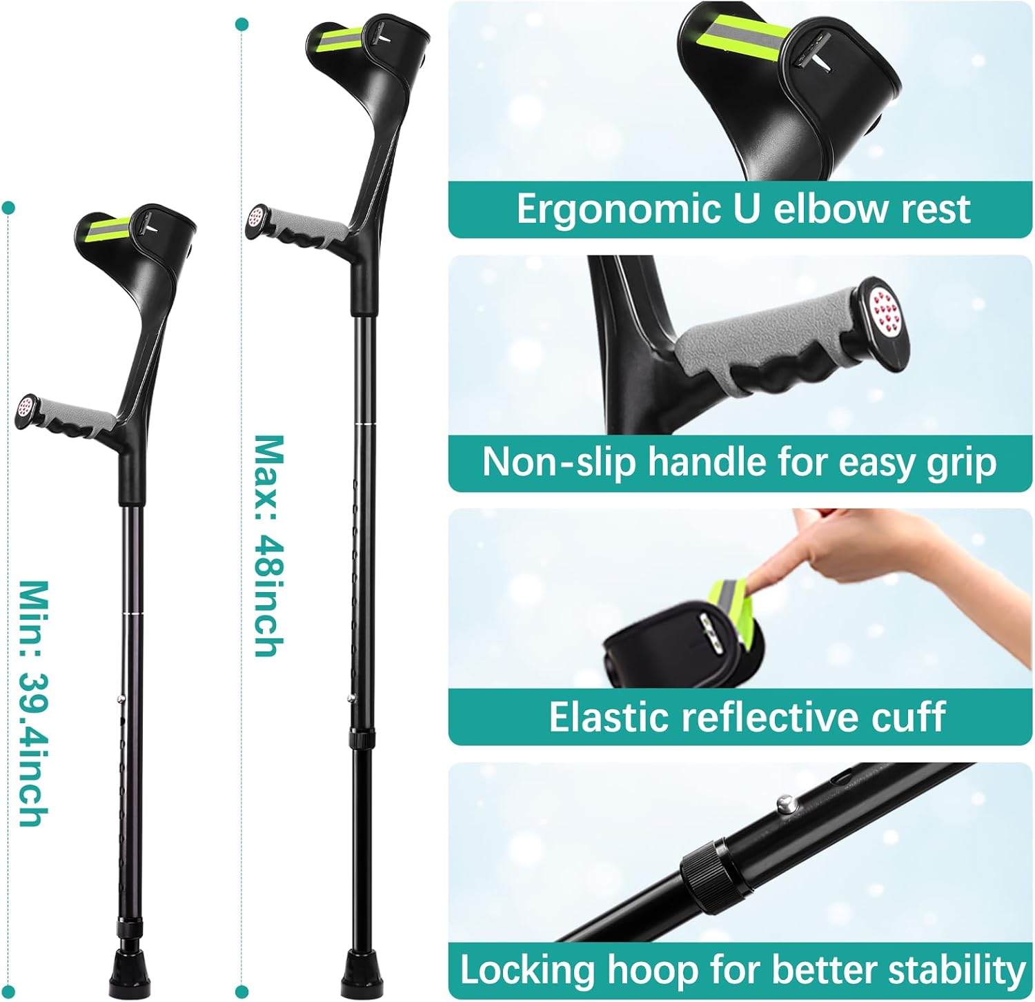 Forearm Crutches for Adults, Upgraded Heightened Forearm Crutches, 10-Level Adjustable Height, Arm Crutches Forearm, Aluminum Crutches for Walking