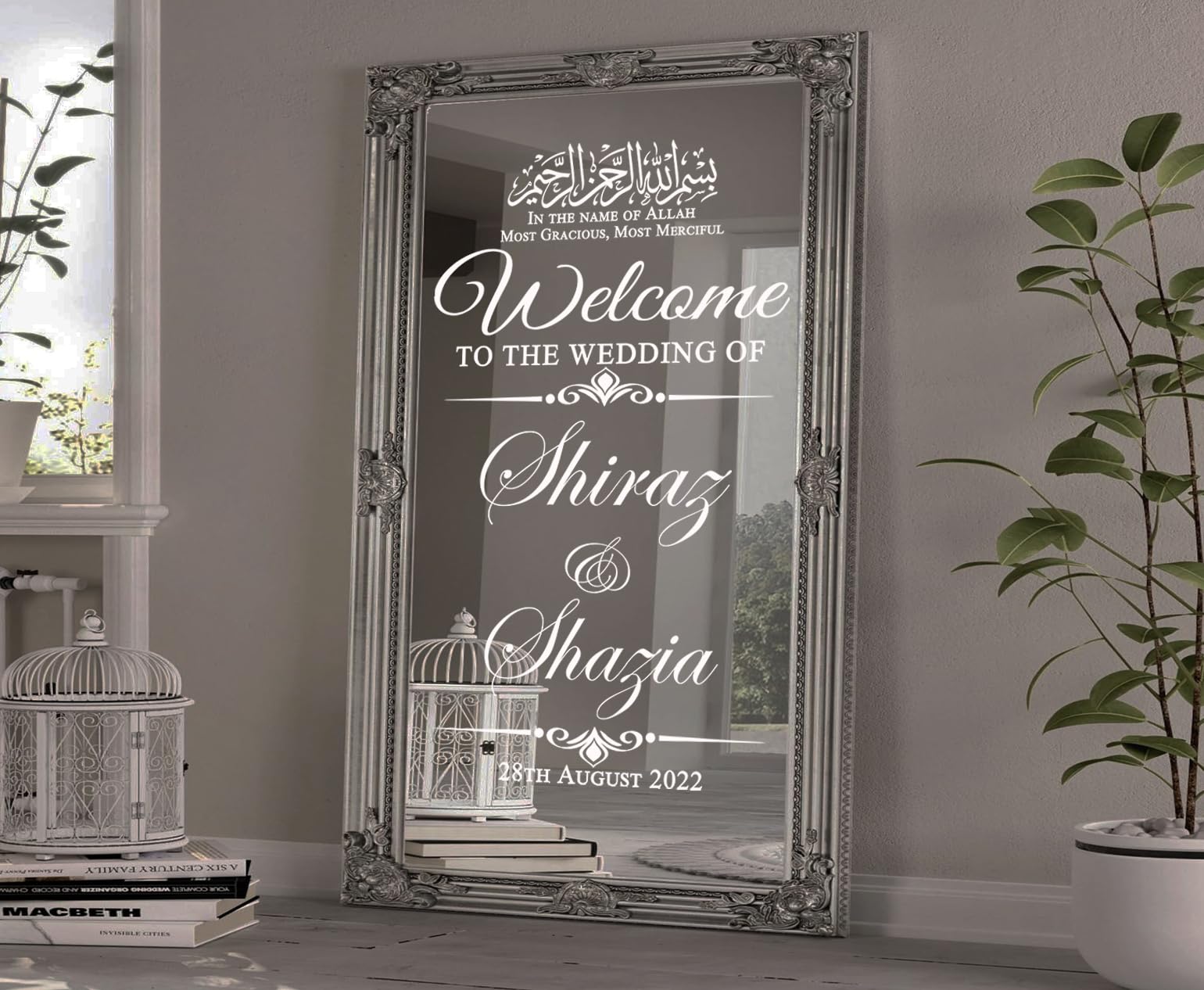 Pegatinas personalizadas para espejo de boda islámica, bienvenido a la boda/Nikkah, calcomanía islámica personalizada retrato (100 x 50 cm, blanco brillante)