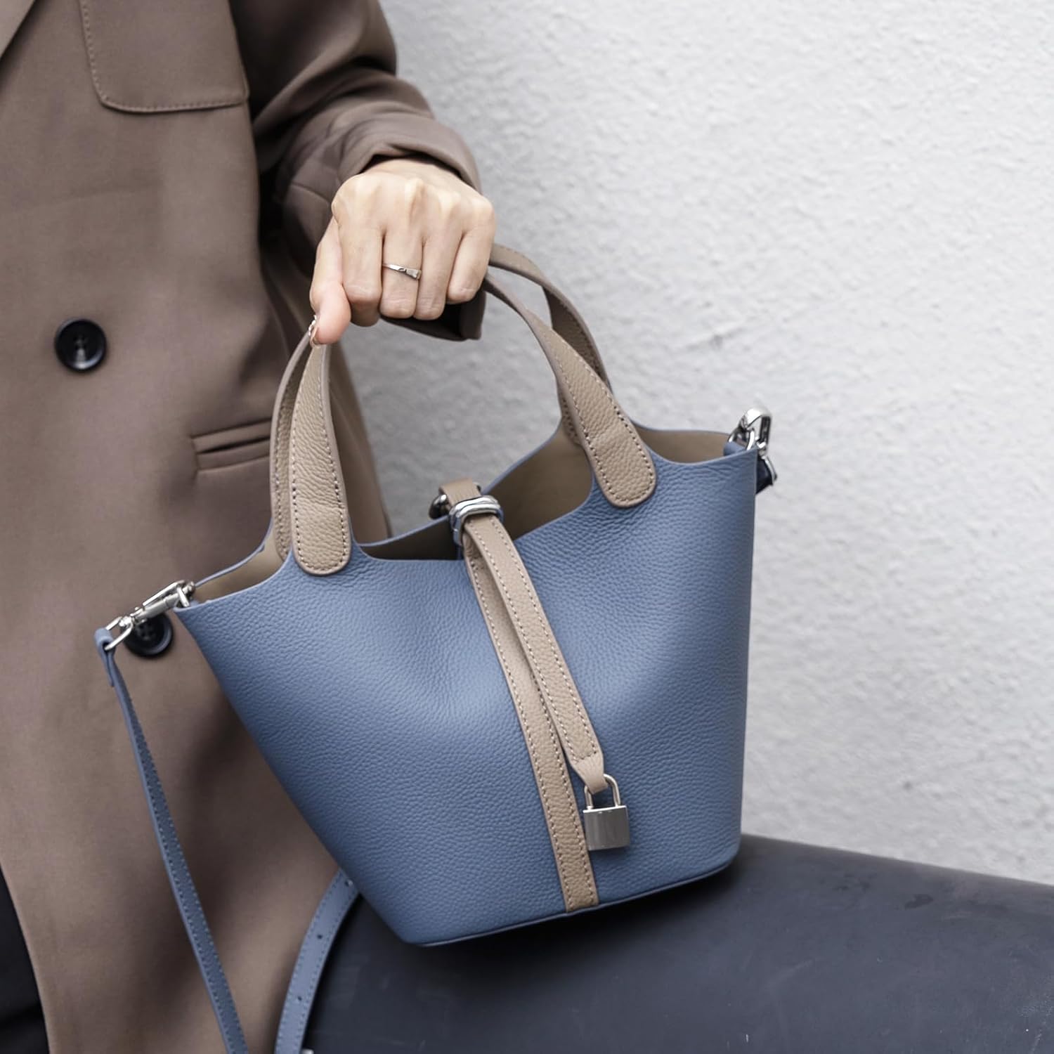 Genuine Leather Bucket Bags for Women,Vegetable Basket Crossbody Women's Shoulder Handbags with Zipper Closed - Image 2