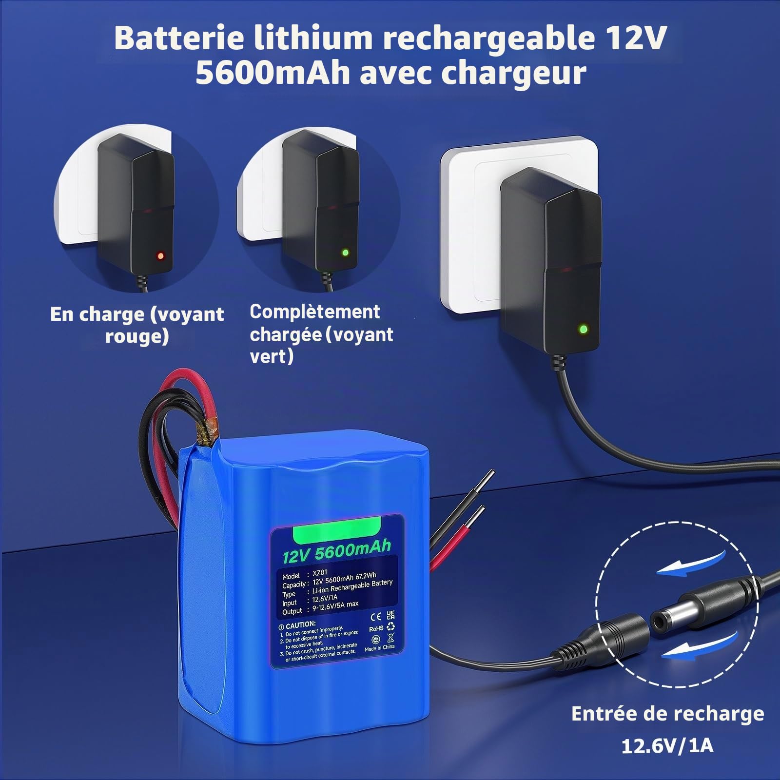 CITYORK Batterie lithium-ion rechargeable 12 V CC 5600 mAh pour caméras de vidéosurveillance, caméscopes, lecteurs MP3, bandes LED et plus encore