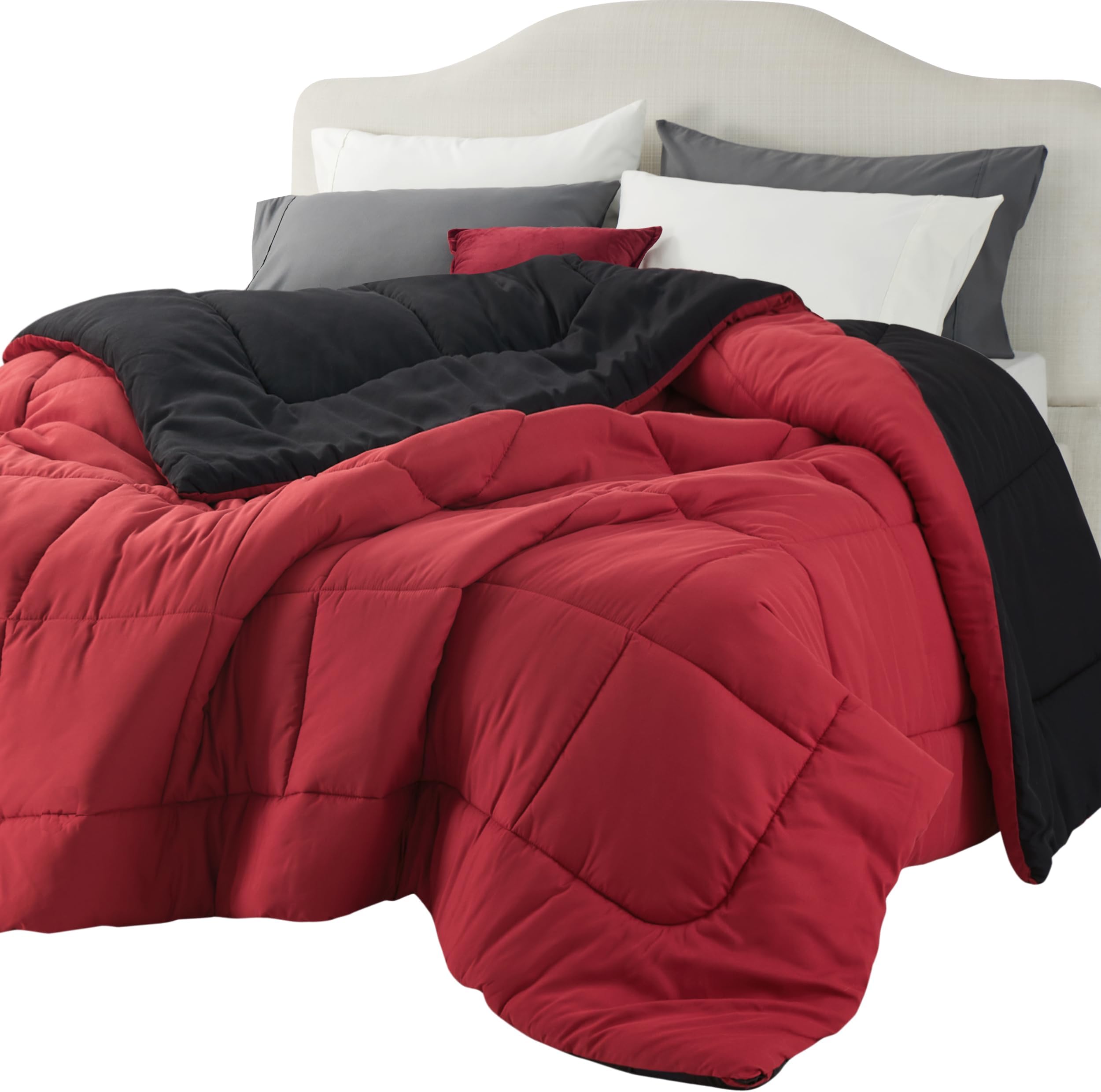 King Reversible Comforter Duvet Insert - All Season Quilted Comforters King Size, Down Alternative King Size Bedding Comforter with Corner Tabs - Red/Black