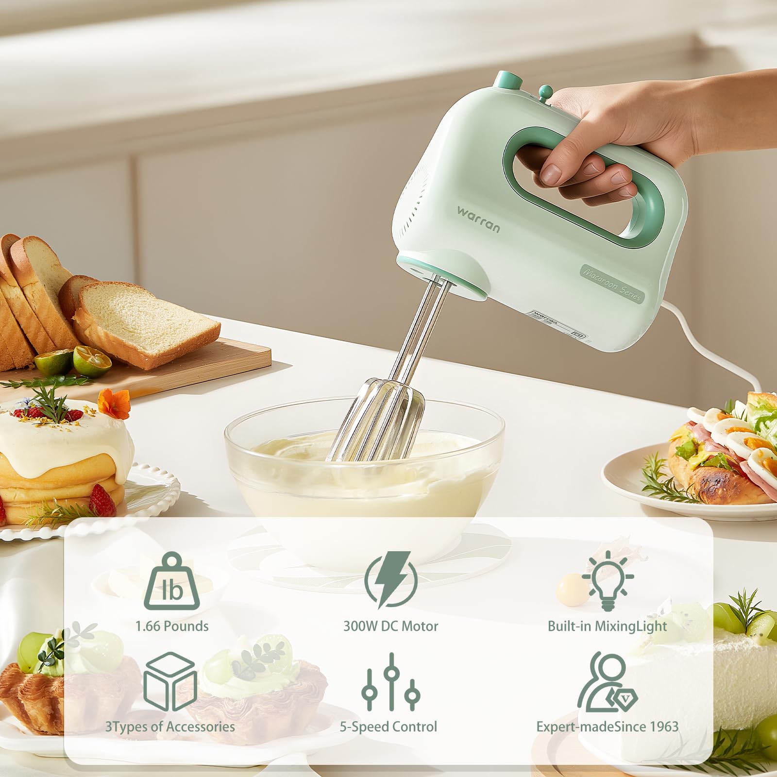 Frullatore elettrico piccolo e leggero con potente motore DC silenzioso per cuocere, torte, brownies, pasta biscotto, ideale per la cucina casalinga