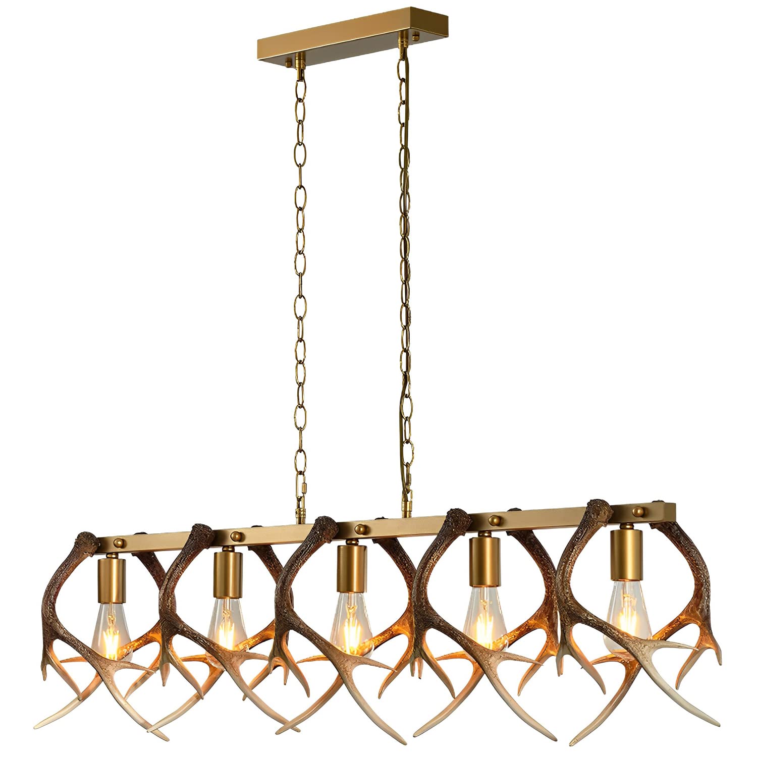FYZDLAOR Linear Antler Chandeliers Farmhouse Retro Pendant Lights Faux Resin Deer Horn Hanging Chandelier for Dining Room Kitchen Island Ceiling Lighting Fixture