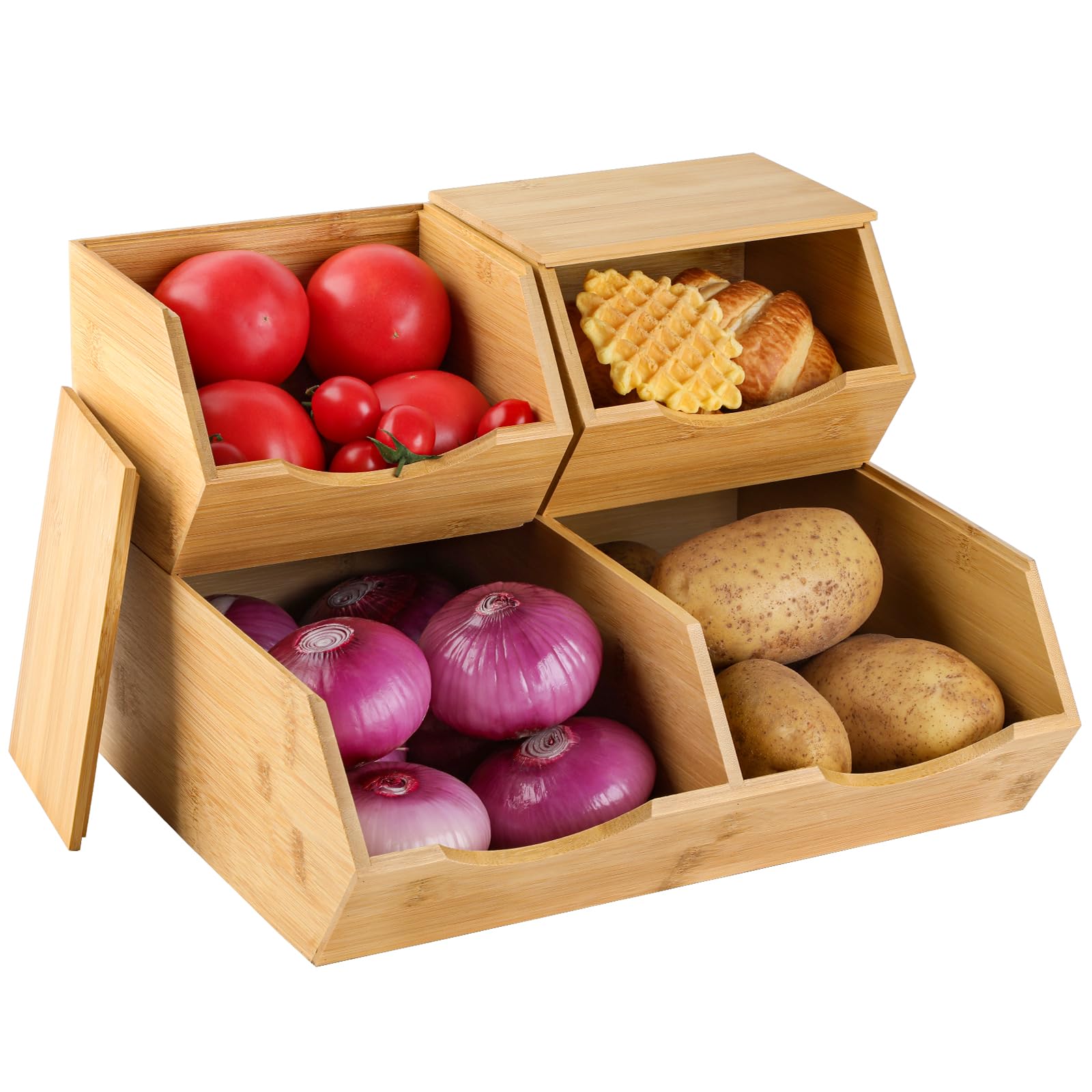 Bamboo Pantry Storage Bins with Lid - Stackable Baskets Potato and Onion Storage Wood Storage Bins for Pantry