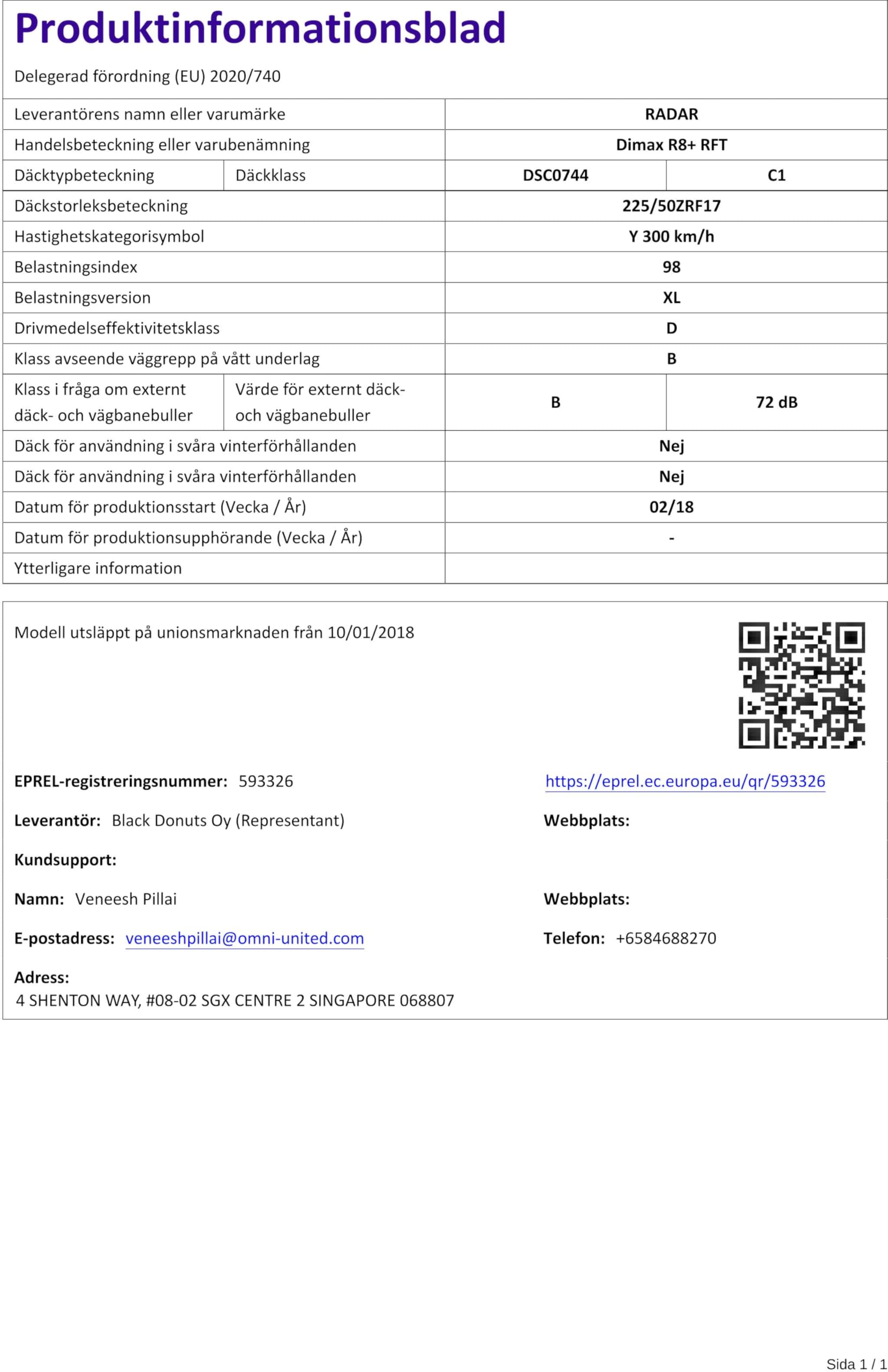 RADAR 225/50 R17 98Y Estivo XL Runflat Auto