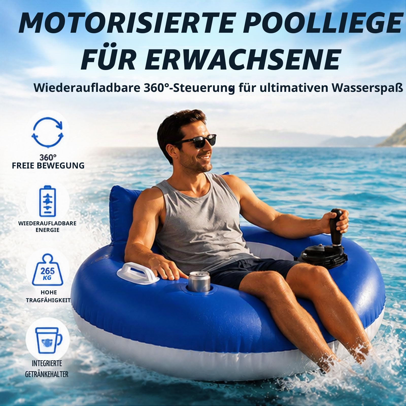 Motorisierter Pool-Schwimmer mit Getränkehalter, wiederaufladbare motorisierte Schwimmer für Erwachsene & Jugendliche, schwere motorisierte Schwimmreifen mit Rückenlehne, für Party, Urlaub, Poolparty