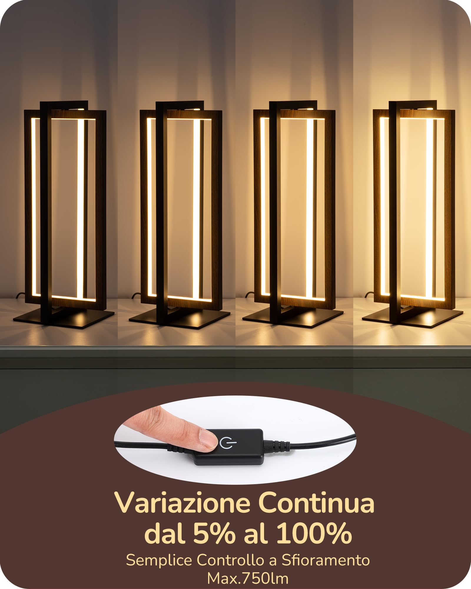 EDISHINE Lampada da comodino LED touch dimmerabile, moderna lampada da tavolo in legno noce, 3 temperature di colore, per camera da letto, soggiorno, ufficio, scrivania, regalo