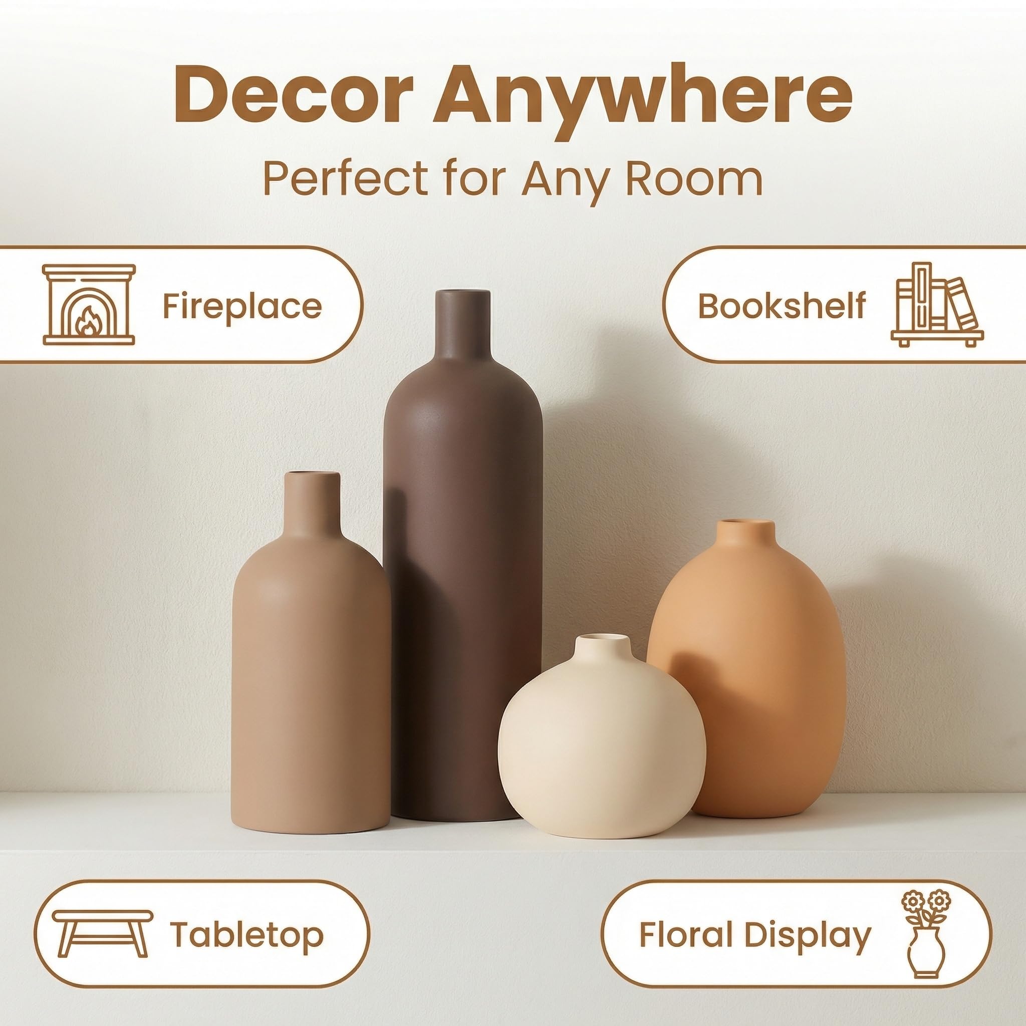4-częściowy zestaw wazonów ceramicznych, nowoczesna dekoracja domu w kolorze neutralnym – minimalistyczne wazony w kolorze terakoty i brązu (mieszanka kawy) – prezent na parapetówkę, urodziny