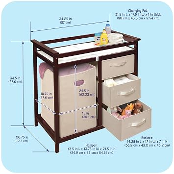 Modern Baby Changing Table with Laundry Hamper, 3 Storage Baskets, and Pad | Modern changing table with pad, safety belt, hamper, 3 storage baskets, safety rails & durable wood/MDF construction.