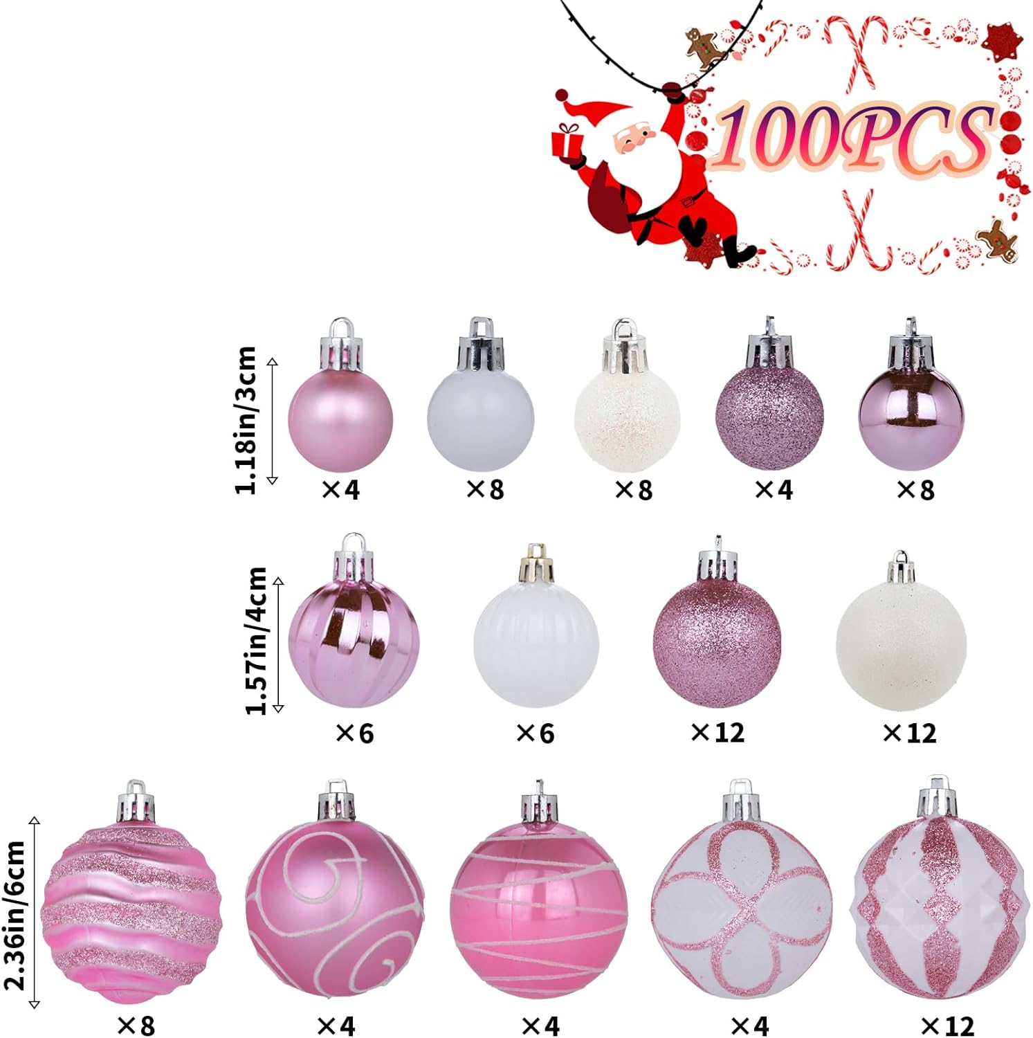 100Pcs Christmas Balls Ornaments Set, Shatterproof Christmas Decorations with Hand-held Gift Package for Xmas Tree/Holiday/Wedding/Holiday/Party Decor (Pink & White) - Image 7