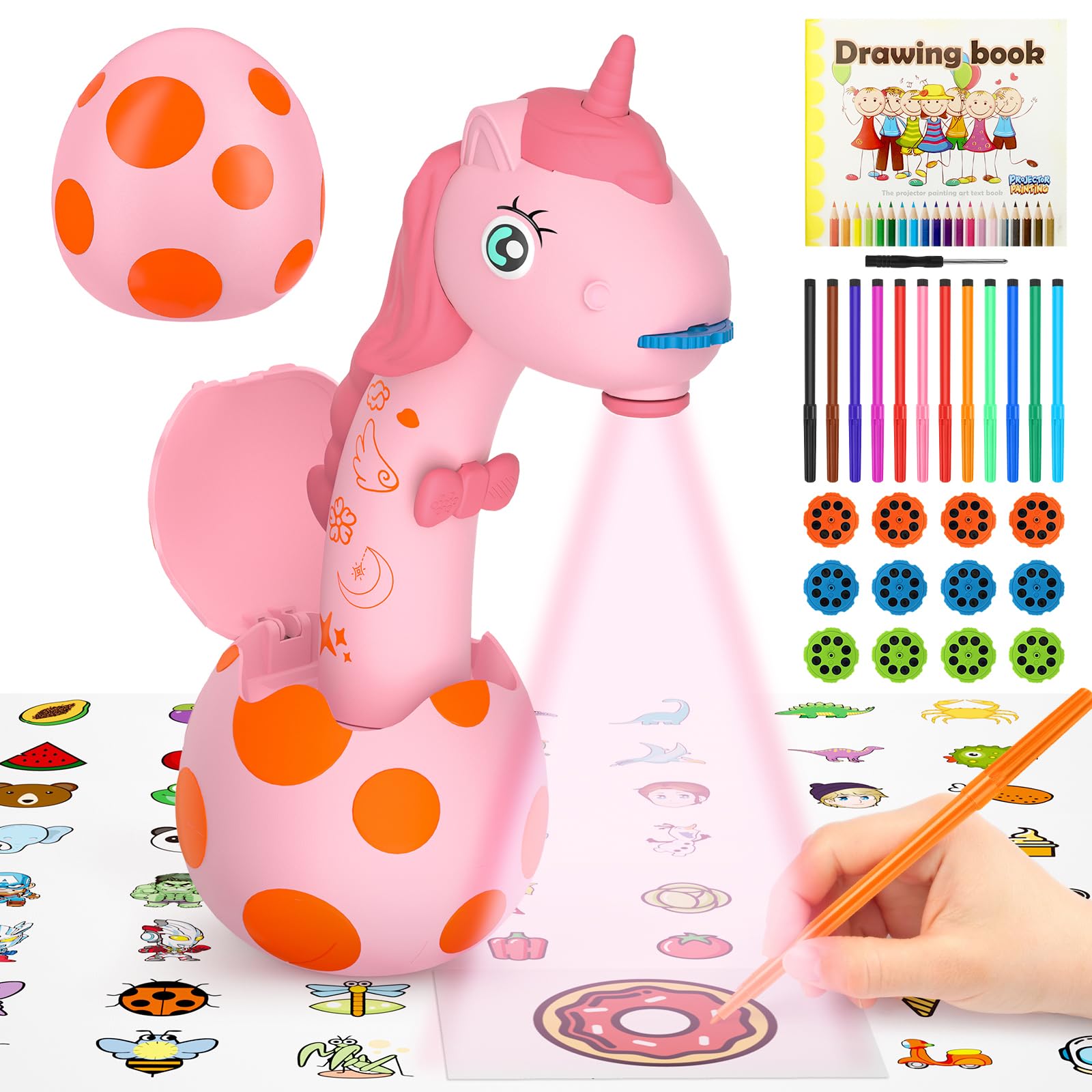 Proiettore da disegno per bambini, motivo unicorno, proiettore tracciare e disegnare toy, tavolo da disegno con 96 motivi colorati per ragazzi e ragazze, regalo rosa