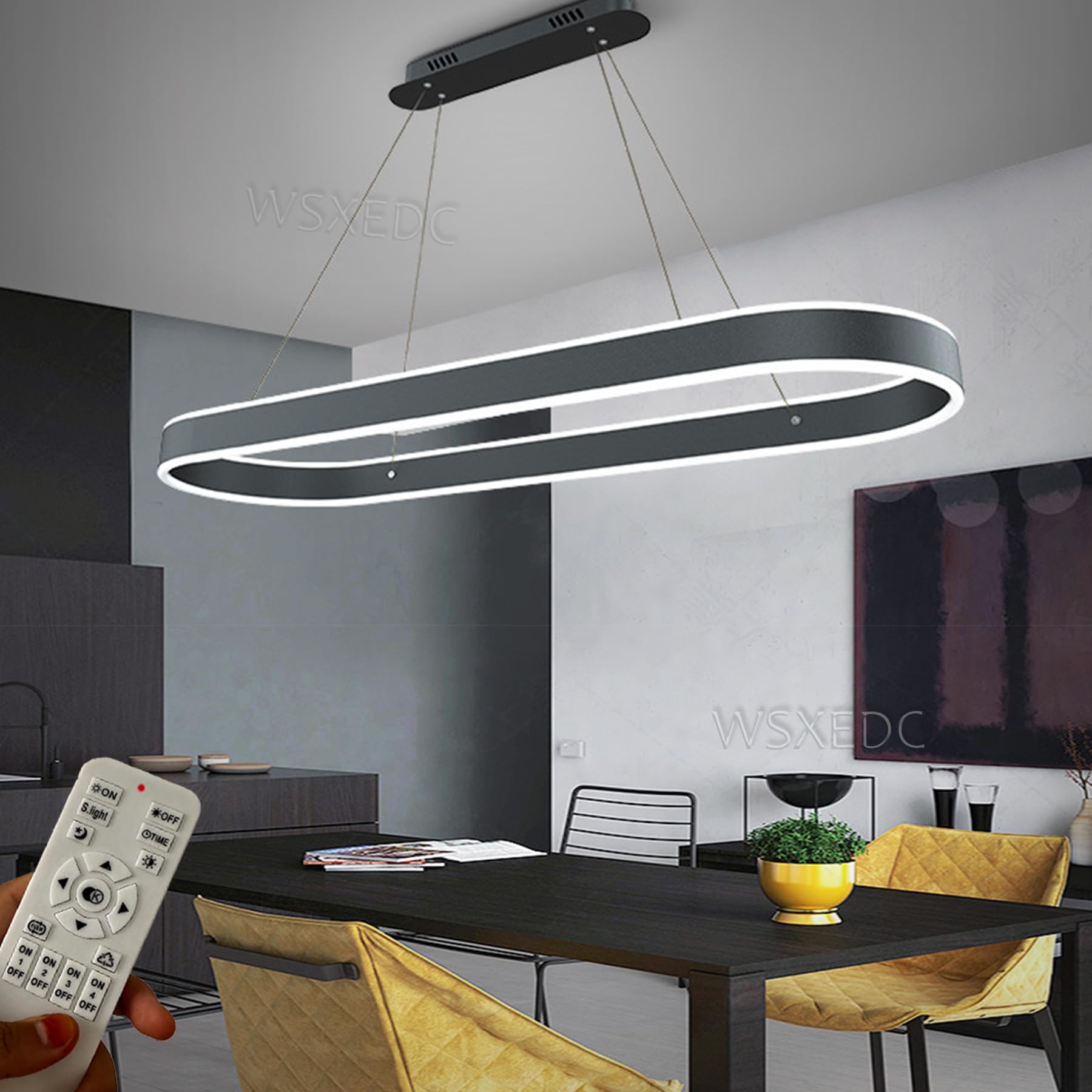 WSXEDC Dimmable Black LED Pendant Lights Oval Dining Table lamp Modern Dining Room Chandelier Remote Controls Height Adjustable Lighting Studio Hanging lamp Office Ring Living Room lamp L80cm 70W