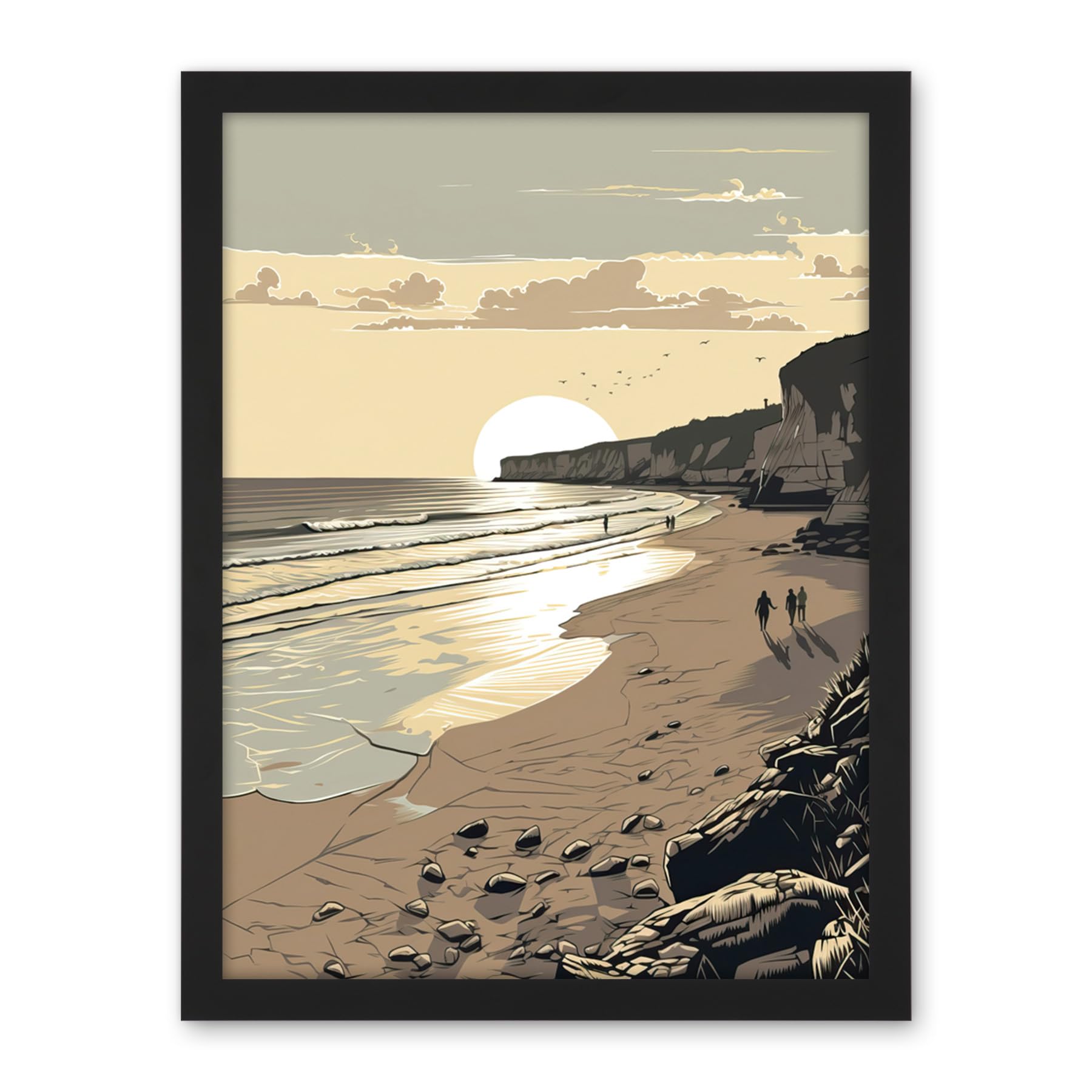 Artery8 Sunrise Walk on Filey Beach Coastal Illustration Artwork Framed Wall Art Print 18X24 Inch