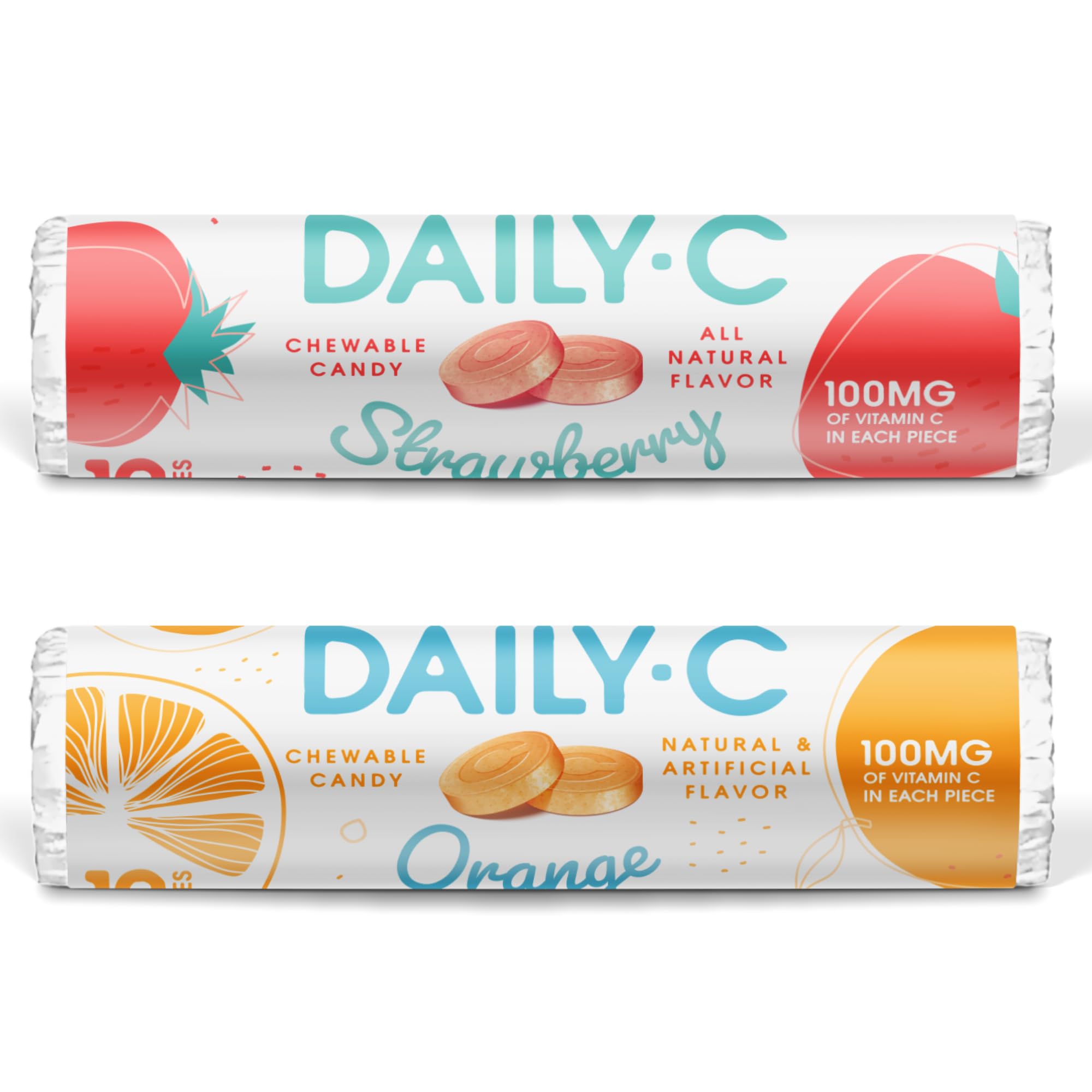 Chewable Vitamin C Strawberry and Orange Chewable Candy Rolls Bundle | 100MG of Vitamin C in Each Piece | Brought to You by Iconic Candy | 1.3oz Strawberry Roll + 1.3oz Orange Roll