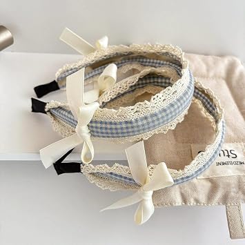 Bow Headband for Women Girls Cute Blue White Gingham Wide Headband Vintage Non-Slip Headwear Fashion Sweet Lace Head Band Trendy Hair Accessories for Daily Outfits Dating Travel & Holiday