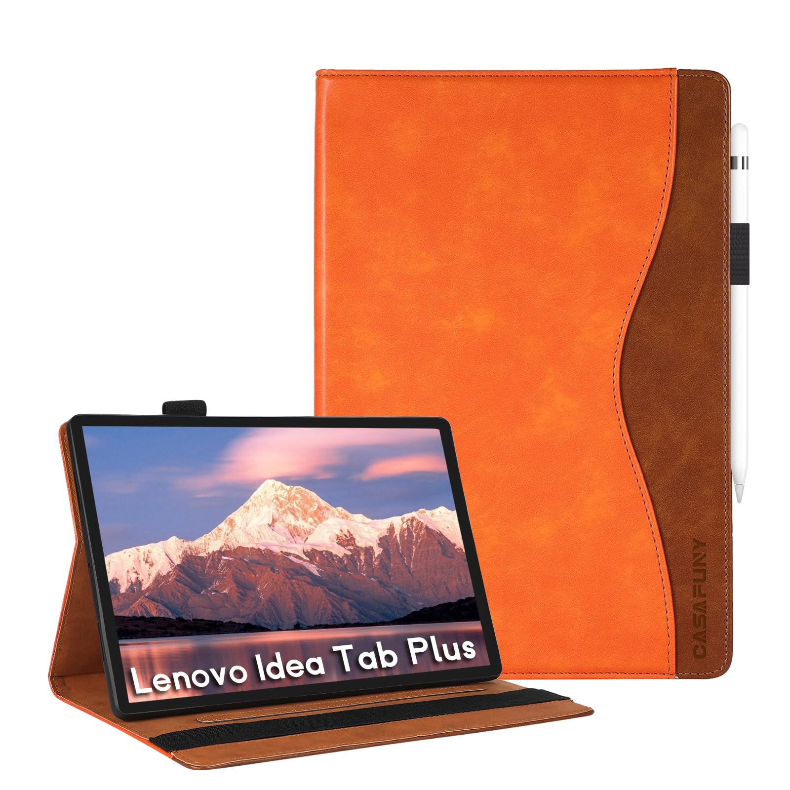 CASAFUNY Hülle für Lenovo Idea Tab Plus 12.1 Zoll 2025,Orange | Multi-Winkel Folio,Fronttasche,Handschlaufe, PU Leder,Hülle Tablet Case für Lenovo Idea Tab Plus