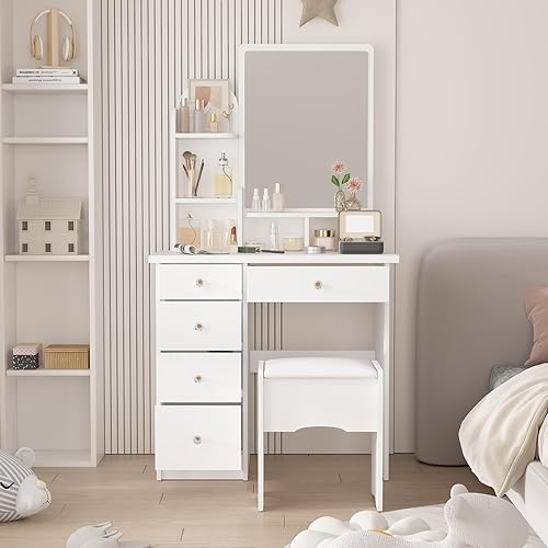 Miniatura 8 de AIEGLE Juego de escritorio grande con espejo redondo transparente, tocador de maquillaje con estantes y taburete acolchado, juego de escritorio de