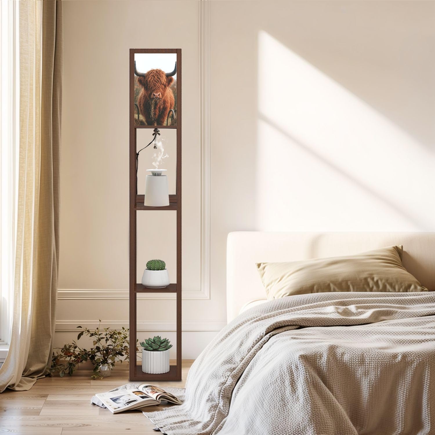 Floor Lamp with Shelves Hungry Highland Cow Standing Tall Lamp USB Ports & Power Outlet Modern Corner Lamp Nightstand Light for Living Room Bedroom