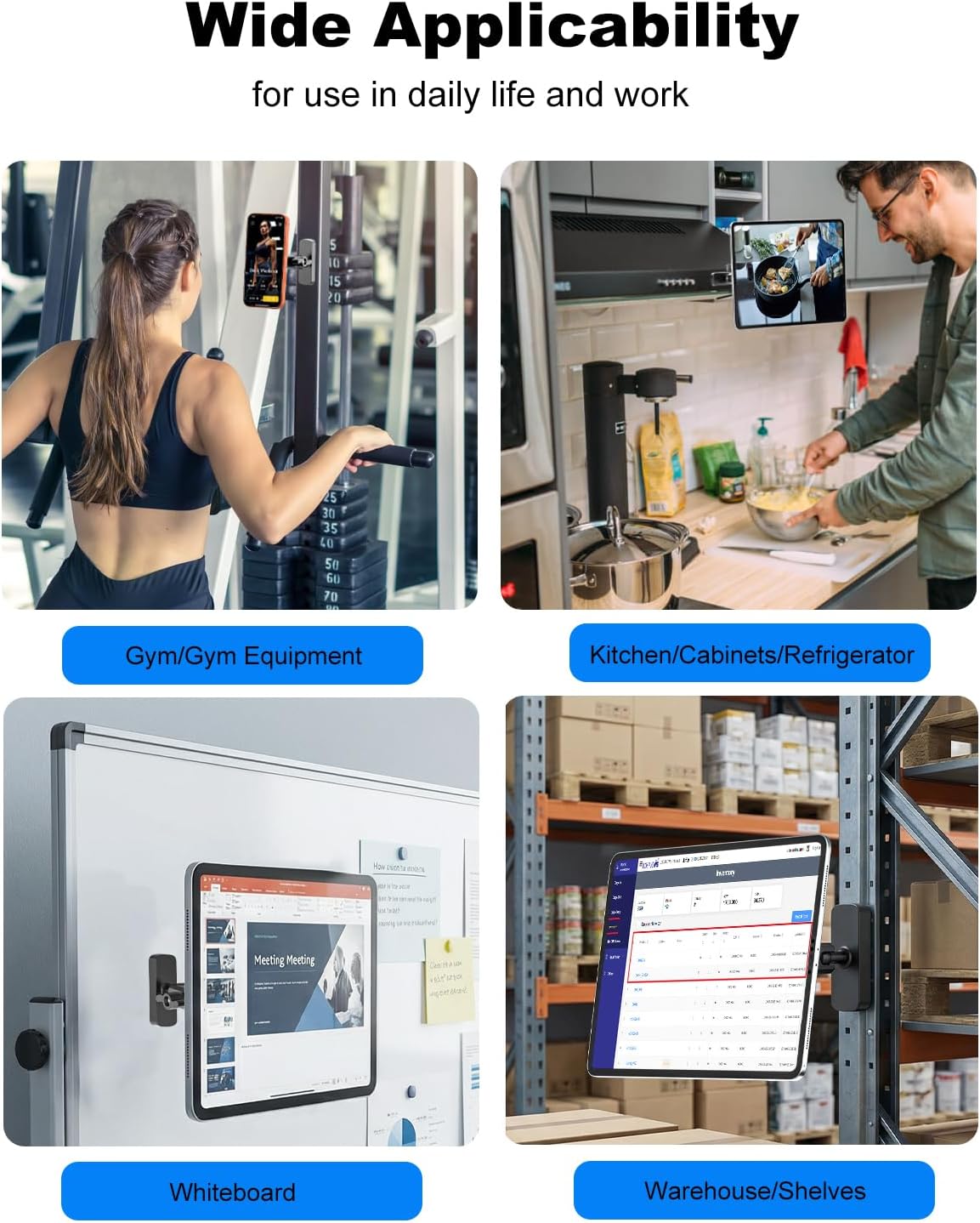 Dual Magnetic Tablet Holder - Attach to Any Iron Surface | Strong Magnets | 360° Metal Arm iPad Magnetic Mount, Double Magnetic Tablet Mount for Fridges/Shelving/Gym, Fit 4-11" iPad, iPhone