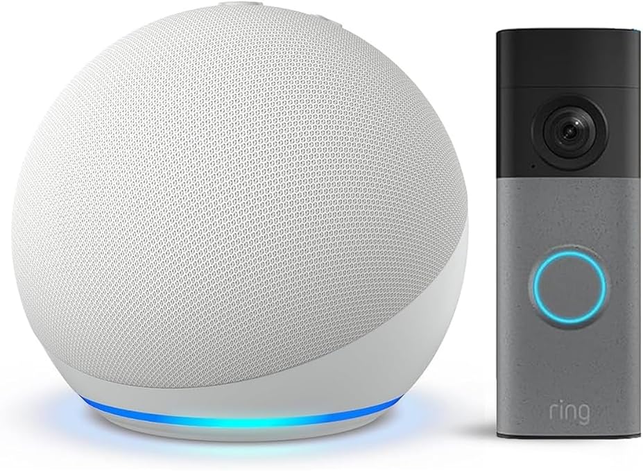 Echo Dot (Última generación), Blanco + Ring Videotimbre con batería (Battery Video Doorbell) (última gen.), Gris moteado oferta Amazon