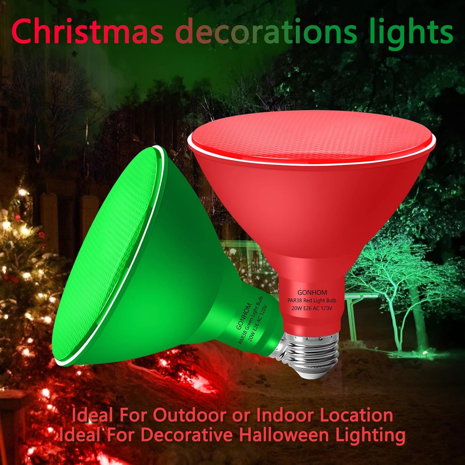 PAR38 Flood Lights Outdoor,Dimmable LED Flood Light Bulbs,20W(Equivalent to 200W),E26 Base,Outdoor Porch,Holiday Lighting,LED Flood Light Bulb for Halloween,Christmas,4 Pack Red Green