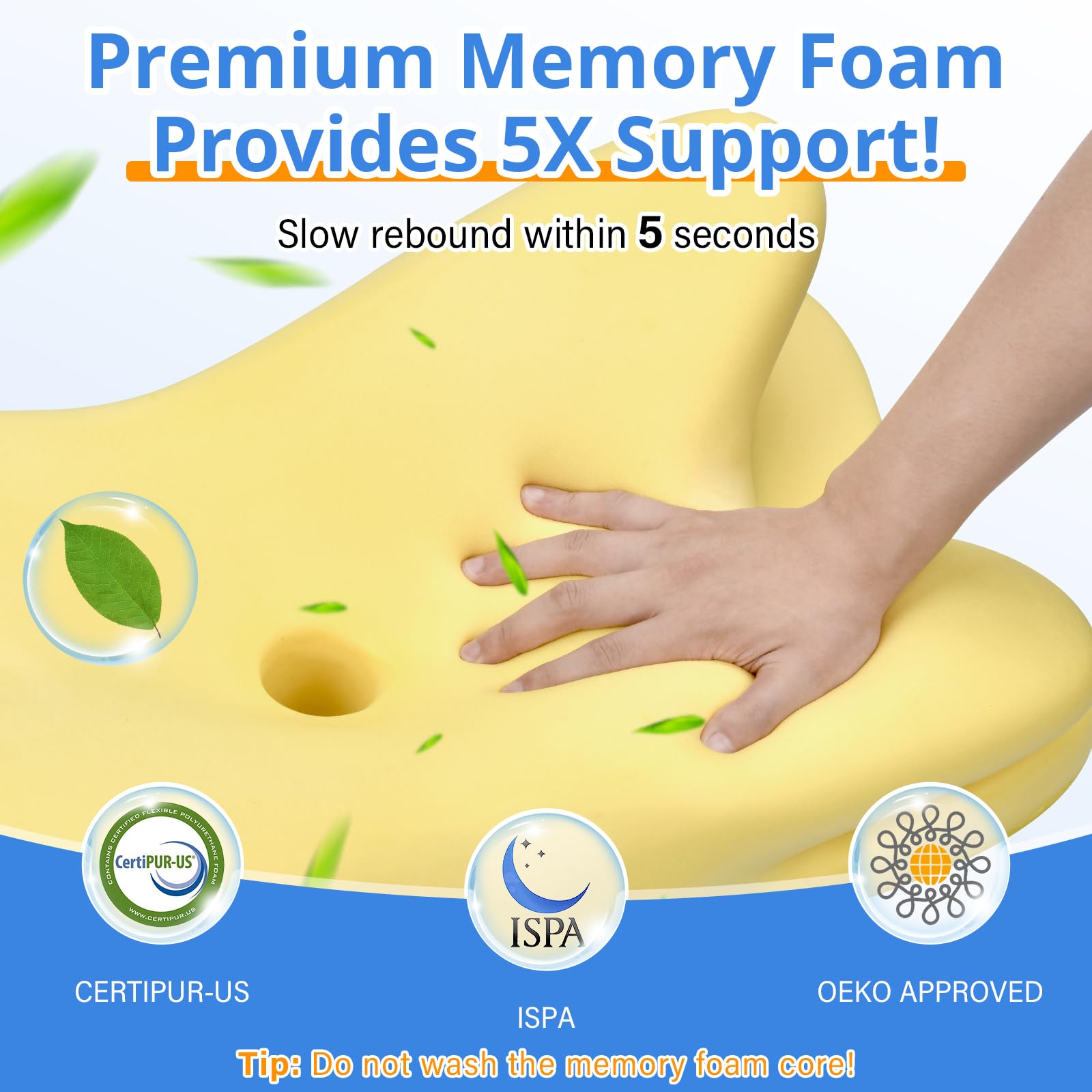 Ehomfory Cuscino Cervicale per Dormire, 2 in 1 Cuscino Ergonomico in Memory Foam, Cuscino per Supporto Cervicale con Federa Sfoderabile e Lavabile, 62x41x9/12 cm (Blu)