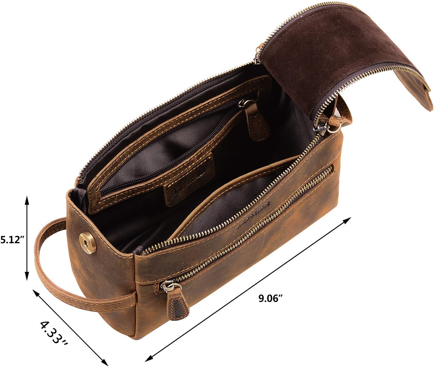 Jack&Chris Thicker Genuine Leather Toiletry Bag Dopp Kit, Unisex Travel Dopp Wash Kit & Shaving Bag for Bathroom Organizer, Double Zipper Puller & Both Side Zipper Pockets. (Brown) 1800-3