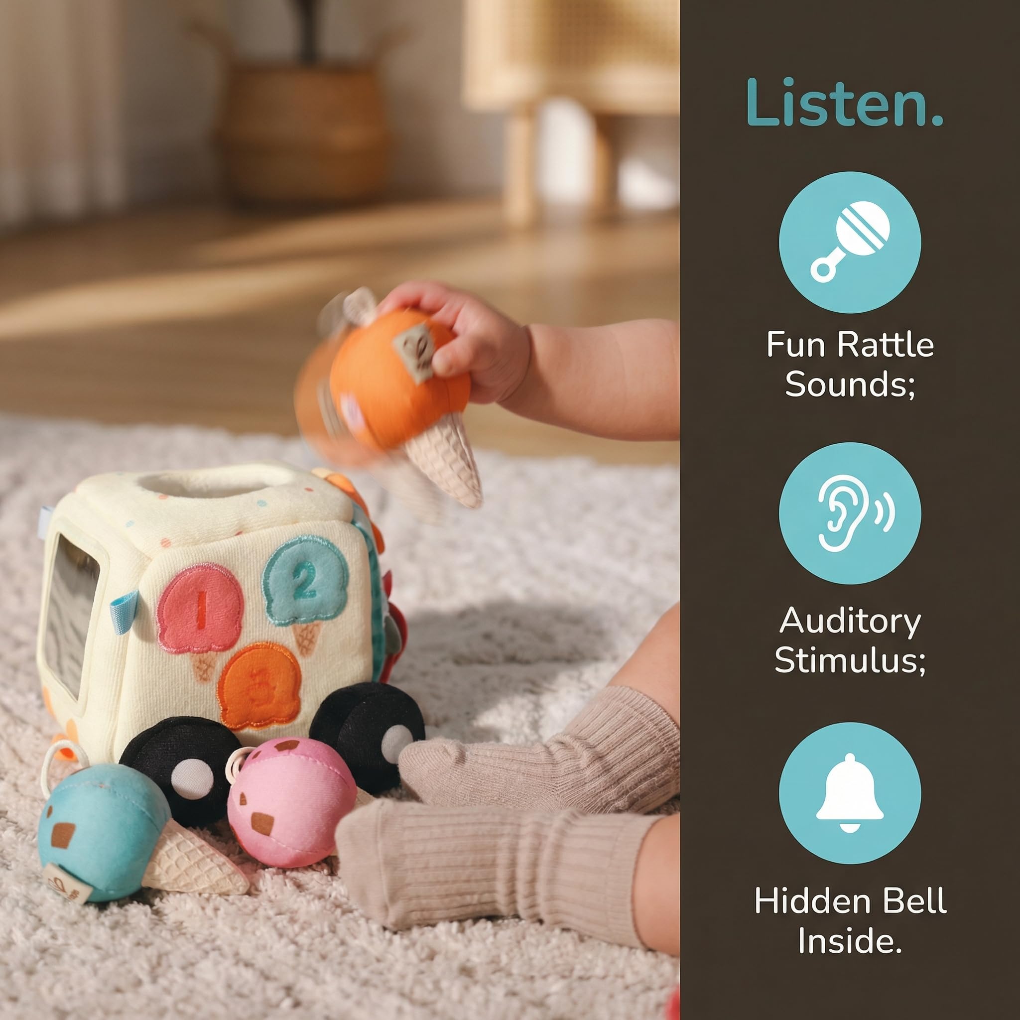 Hape Sensory Scoop Ice Cream Truck – pluszowa zabawka dla niemowląt 6 w 1, z miękkim lustrem, grzechotka, marszczone tekstury i dopasowanie kolorów, eksploracja sensoryczna i rozwój umiejętności