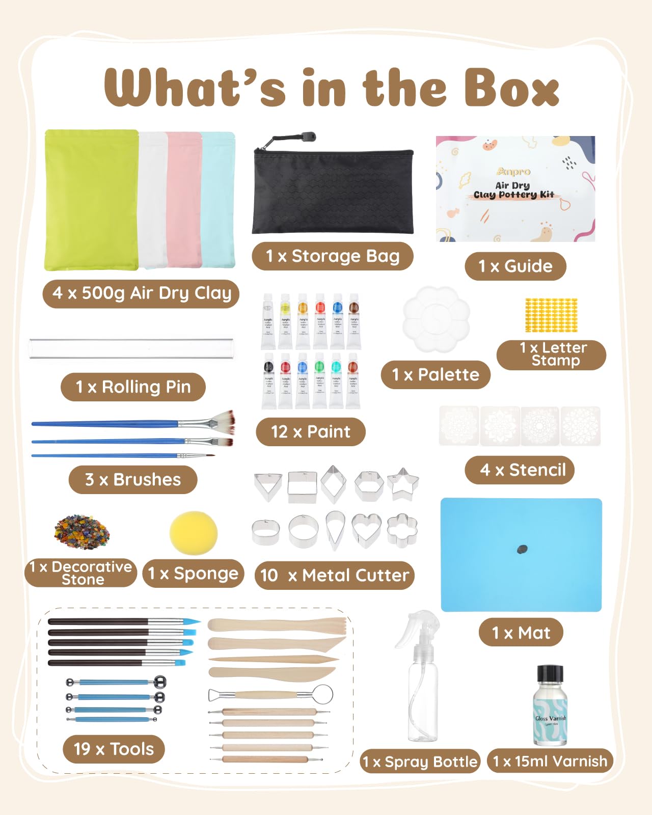 Air Dry Clay for Adults, Air-Dry Clay Starter Kit for Beginners Clay Kit, Includes Air-Dry Clay, 19 Clay Tools Kit, 12 Paints, 26 Letter DIY Clay Cutters, Varnish, Guide, Colored Rocks,DIY Craft Kit