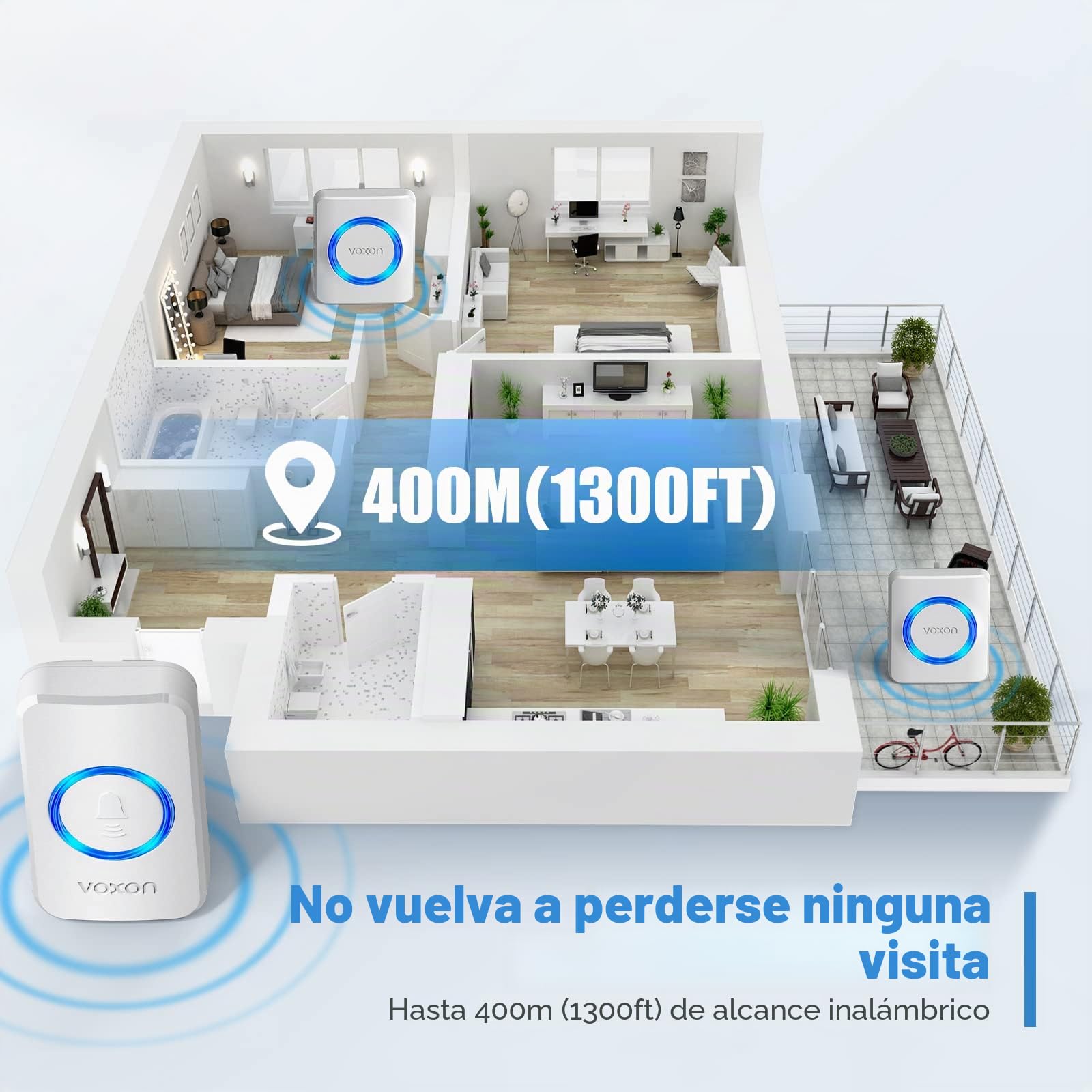 VOXON Timbre Inalámbrico, Alcance de 400m, Conjunto de Timbre con 2 Receptores, Resistente al Agua IP65 para Exteriores, Timbre de Puerta con Luz LED, 5 Niveles de Volumen, 60 Melodías