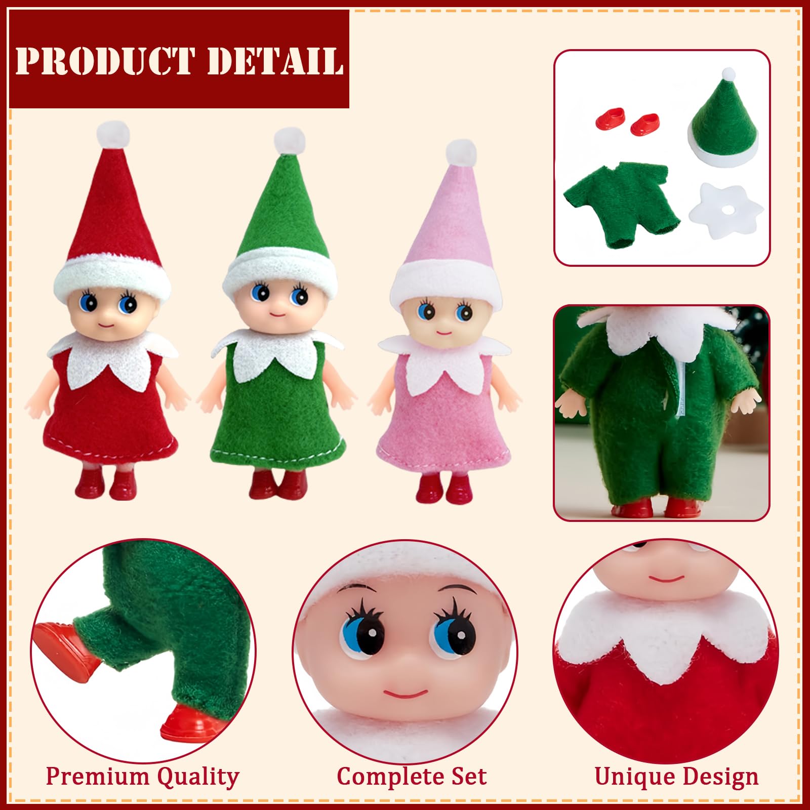 3pcs Mini Baby Elves Christmas Elf Baby Dolls for Girls Boys,Cute Little Elfs Twins Tiny Christmas Dolls Elf Accessories,Girl Elf Small Elf Baby Doll Elf Novelty Gift for Kids Xmas Stocking Stuffers - Image 3