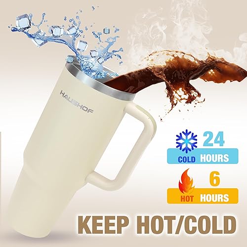 Miniatura 6 de HAUSHOF Vaso de 40 onzas con asa y pajita, vaso de café aislado de acero inoxidable con tapa Tritan, taza de viaje de doble pared, botella de agua,