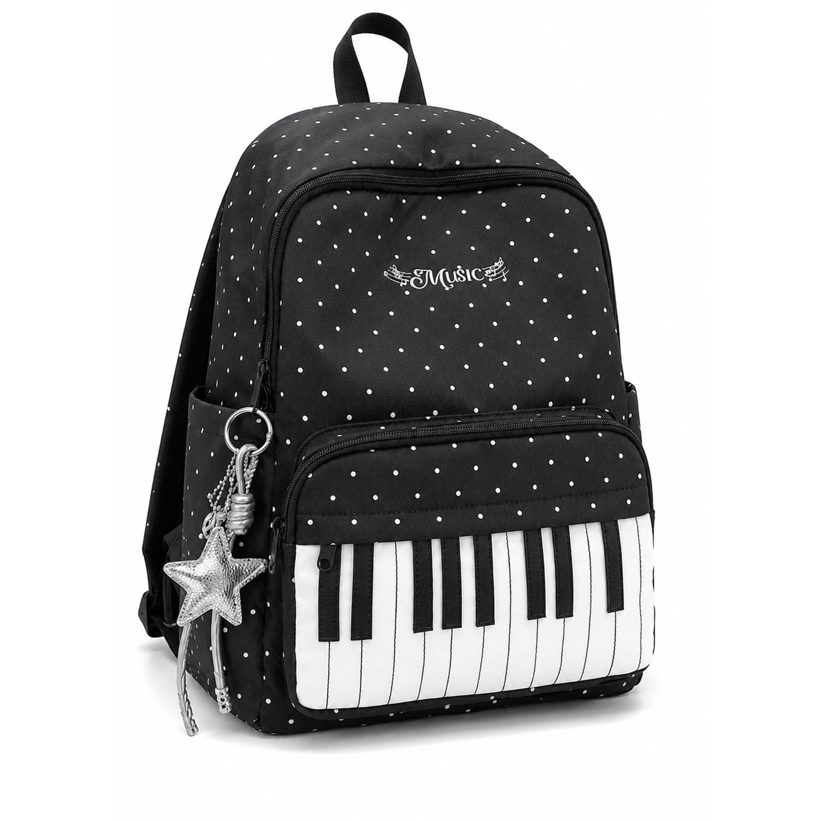 Piano Backpack for Women, Cute Polka Dot Backpack for Commute (Black)