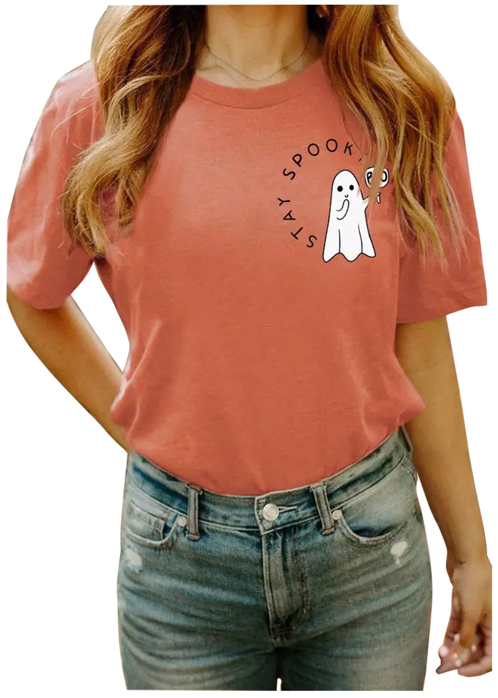 CHUNTIANRANHalloween T Shirts for Women Stay Spooky Boo Shirt Spooky Season Shirts Teen Girls Halloween Cute Ghost Graphic Tee Tops