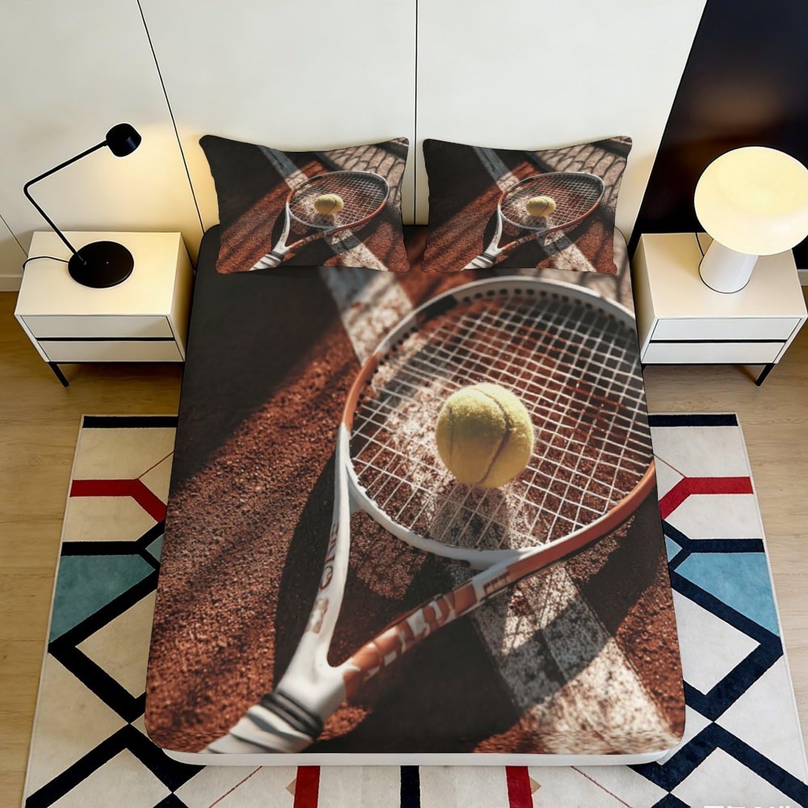 3D Printed Tennis Racket Fitted Sheet Microfiber Soft Breathable Badminton Ball Mattress Cover for Bedroom Dorm Decor 90x200x25cm