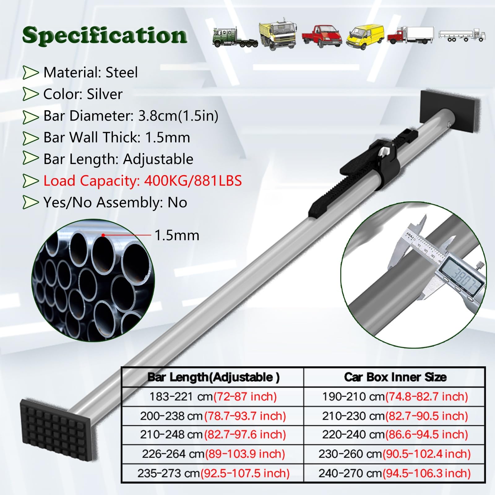 4er-Packung hochbelastbarer, Verstellbarer Ladungssicherungsbalken – Ladungsstabilisator für Transporter, Anhänger, Pickups und große LKWs, Metall-Rückhalteteiler (183–221 cm) – Verbesserte