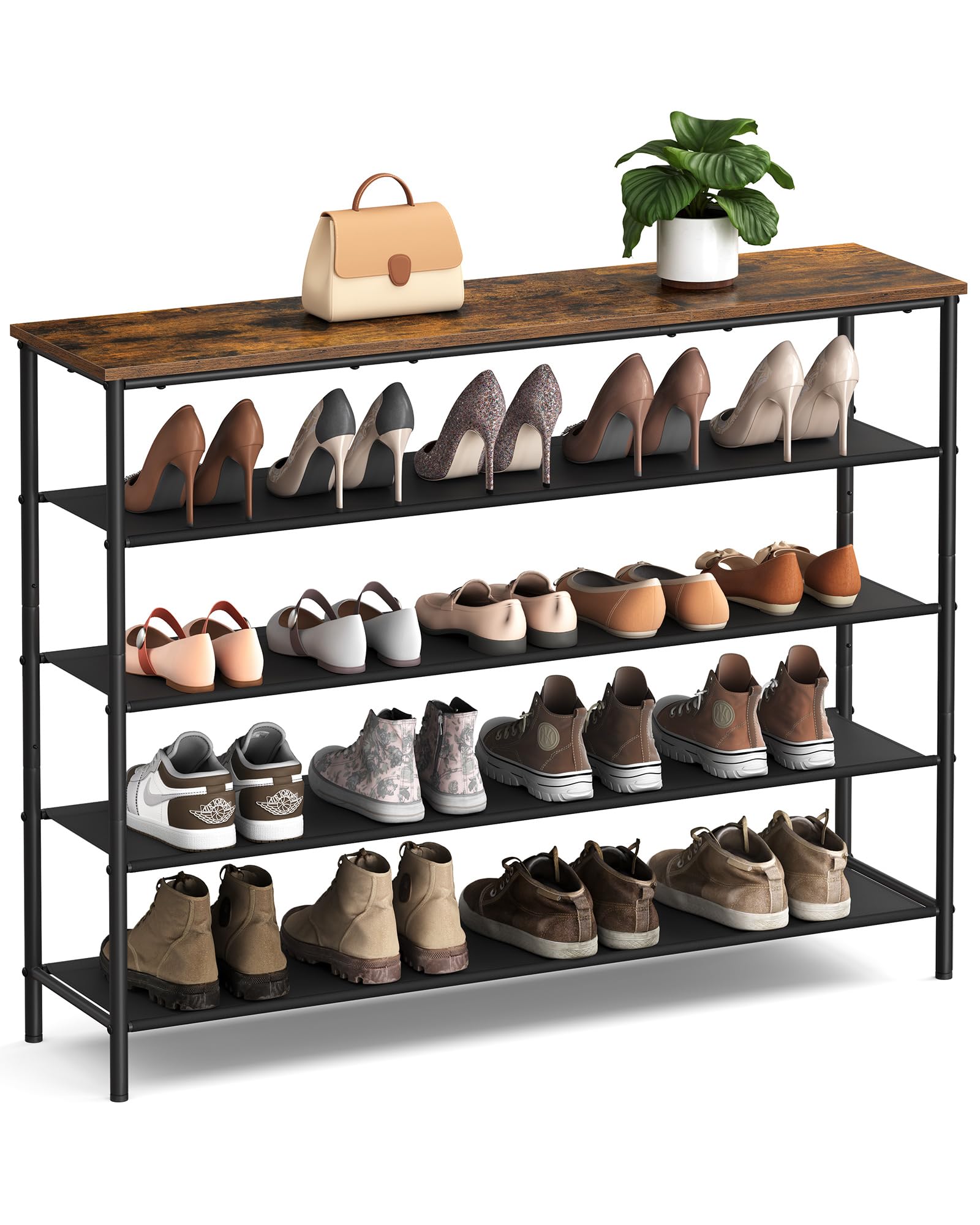 VASAGLE Shoe Rack 5 Tier, Narrow Shoe Storage Organiser for Wardrobe Hallway, with 4 Fabric Shelves and Top for Bags, Shoe Shelf, Steel Frame, Industrial, Rustic Brown and Black LBS136B01