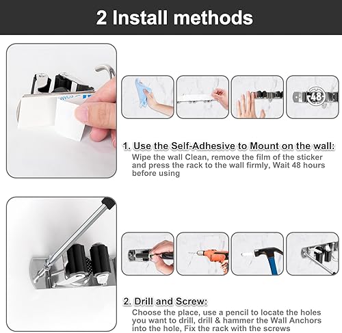 Miniatura 7 de HANZENMA Soporte de pared para escoba, organizador de escoba de acero inoxidable y colgador de trapeador, organización de almacenamiento resistente